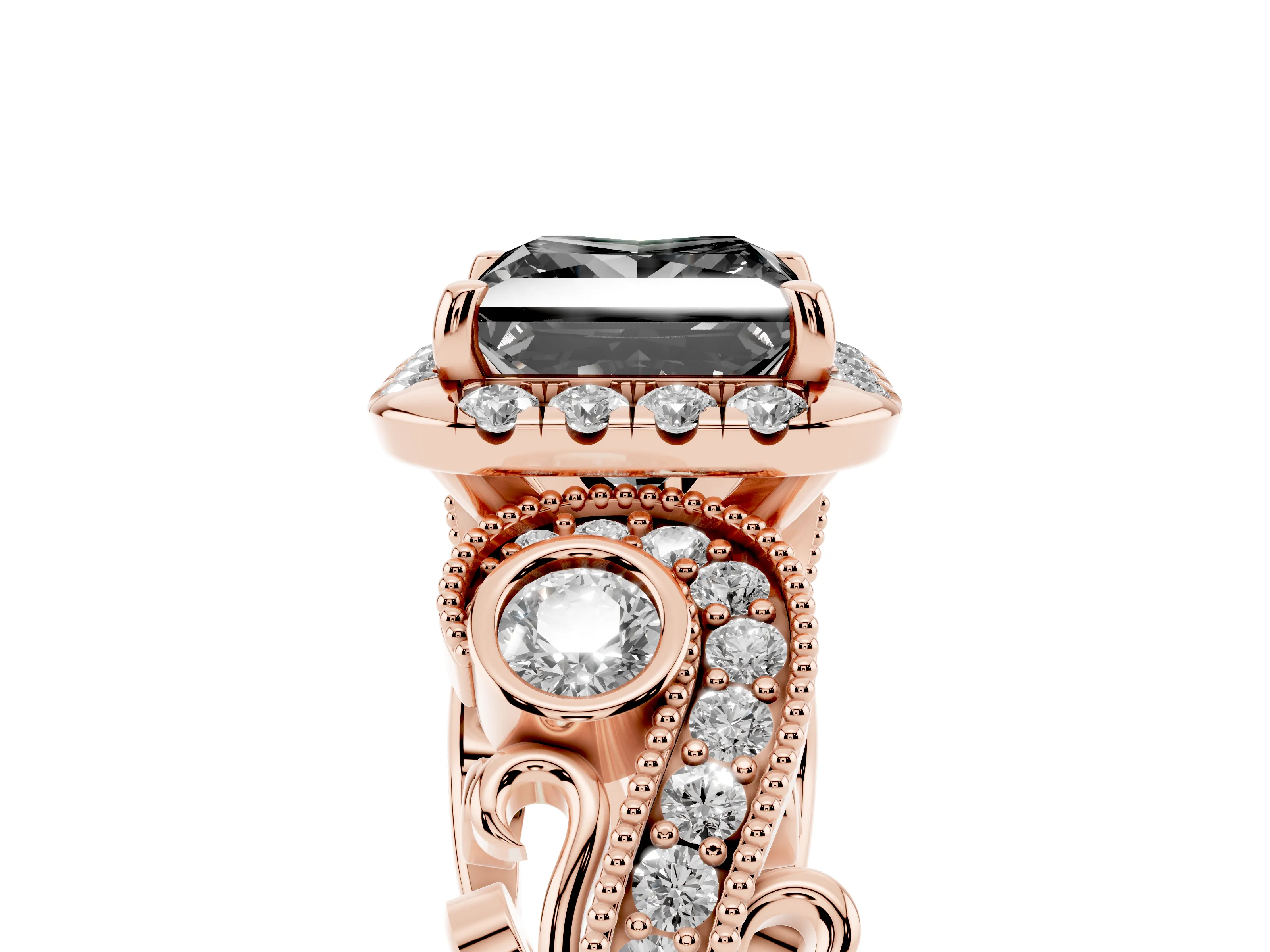 Fancy Black Princess Cut Diamond Halo Split Shank Ring Set in Rose gold with Milgrain and Bezel Accents