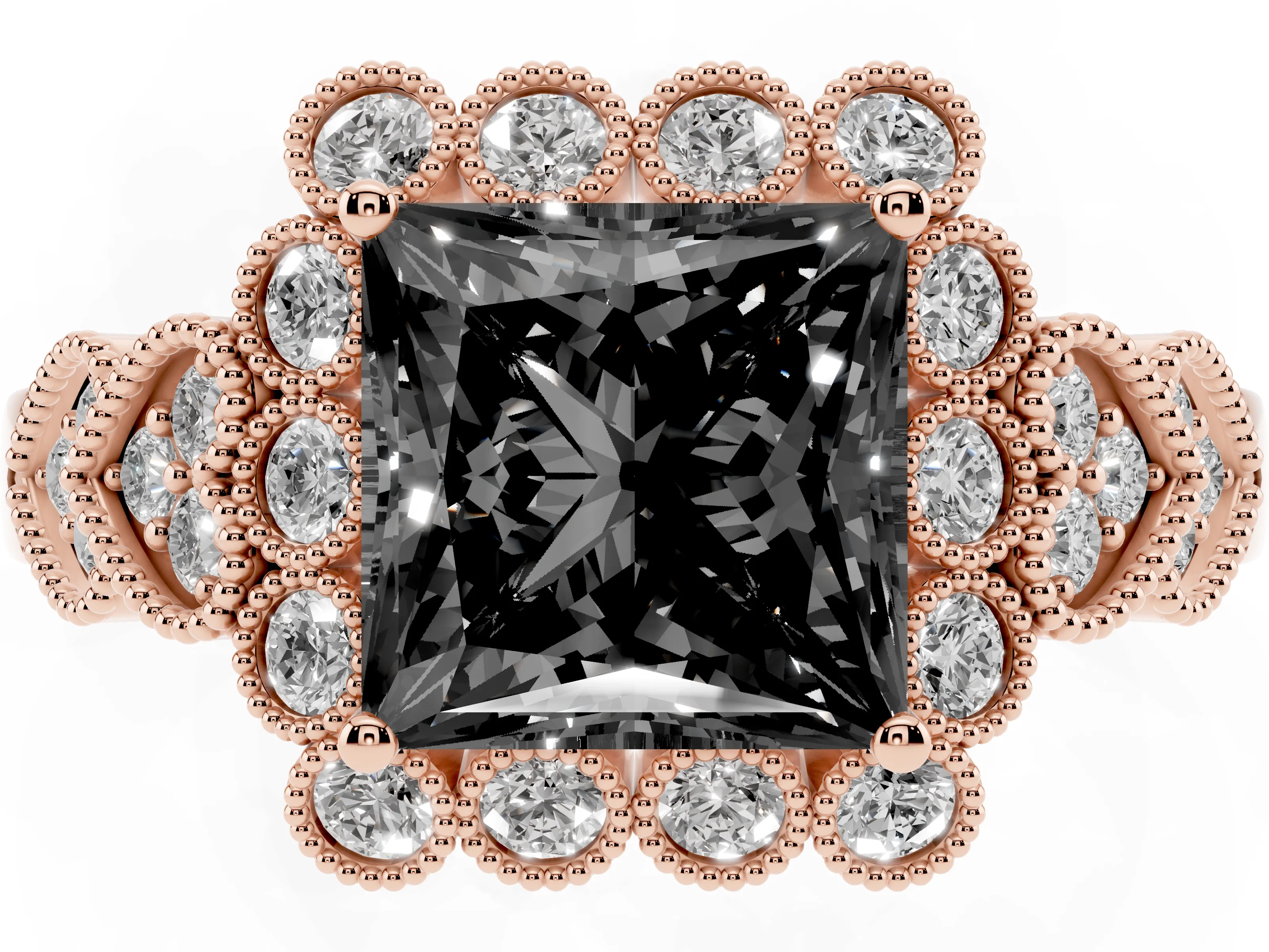Fancy Black Princess Cut Diamond Solitaire Ring Set in Rose gold with Milgrain Pavé Heart Band