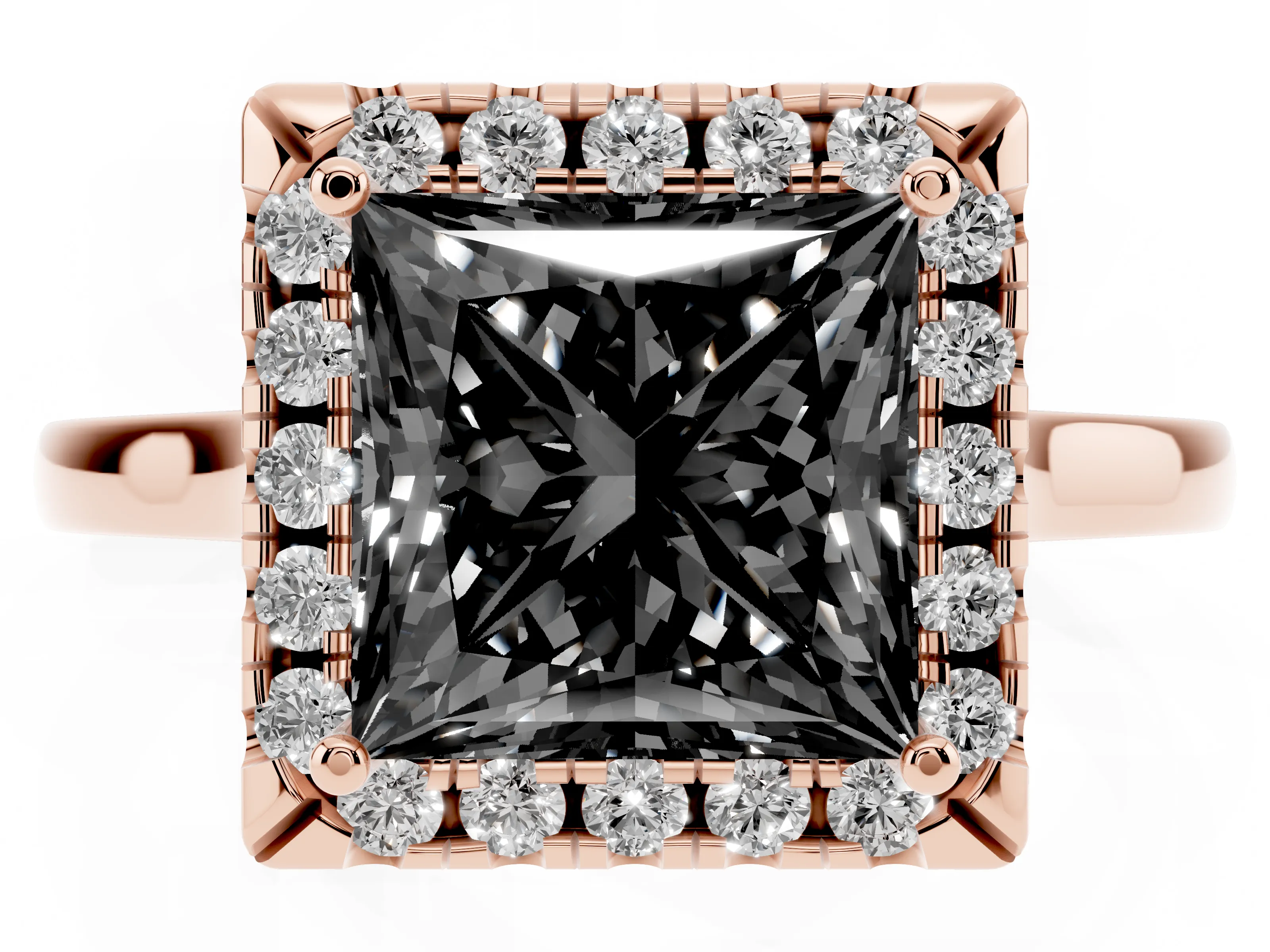 Fancy Black Princess Cut Halo Round Diamond Solitaire Ring Set in Rose gold with Pavé Band and Prong Setting