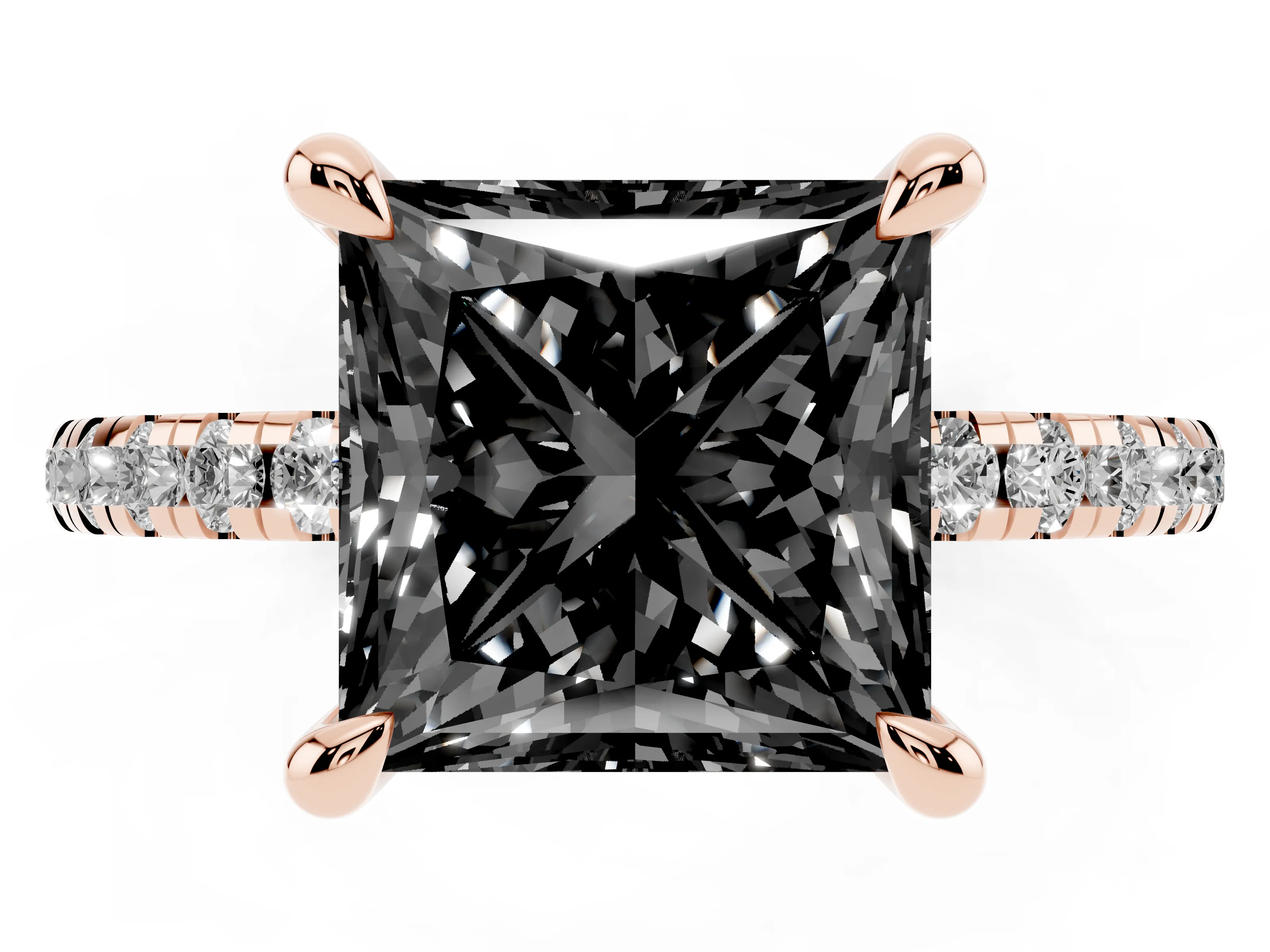 Fancy Black Princess Cut Diamond Brilliant Solitaire Ring Set in Rose gold with Pavé Band and Prong Setting