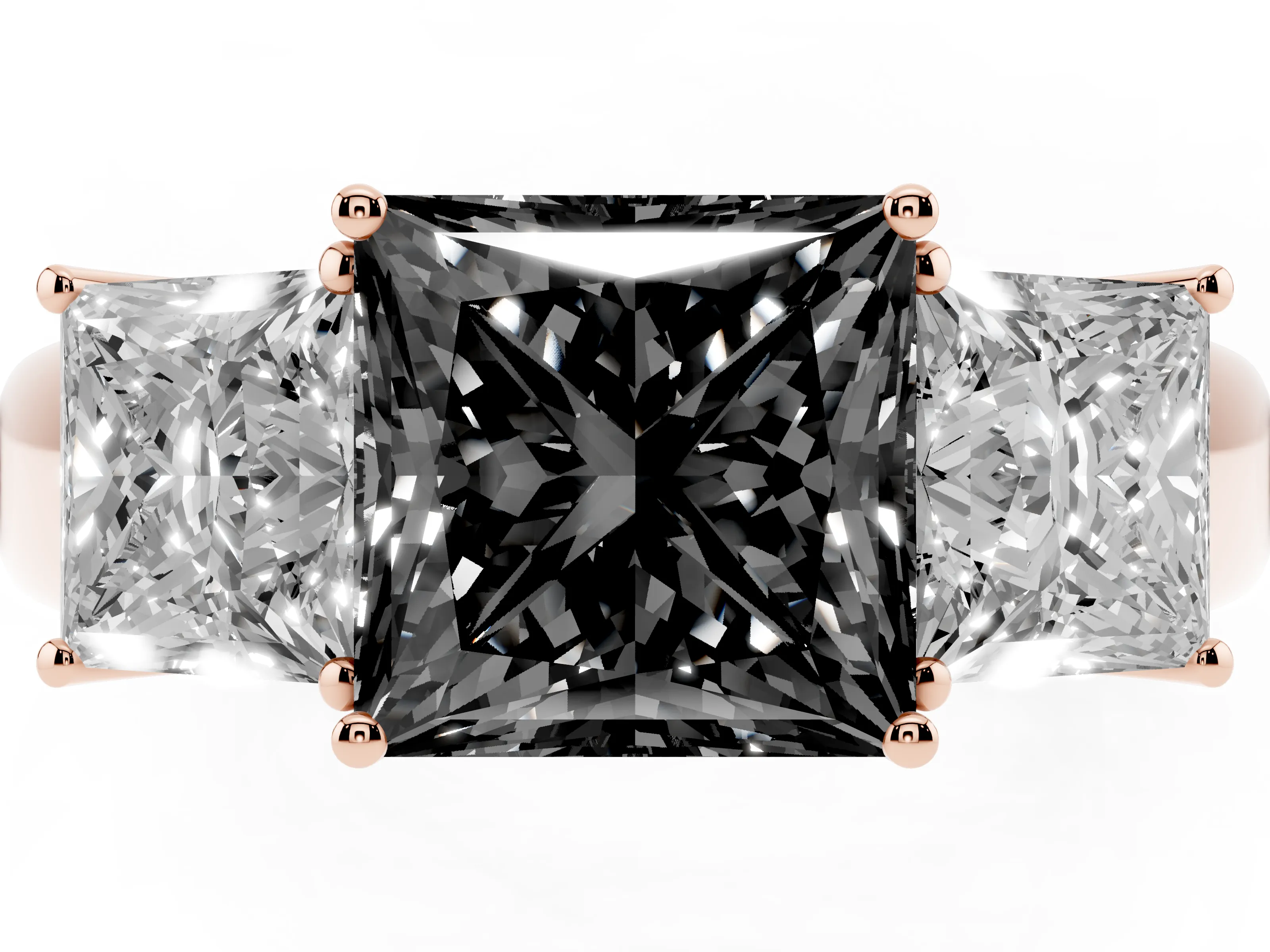 Fancy Black Three-Stone Princess Cut Diamond Ring Set in Rose gold with Matching Prong Settings and Plain Band