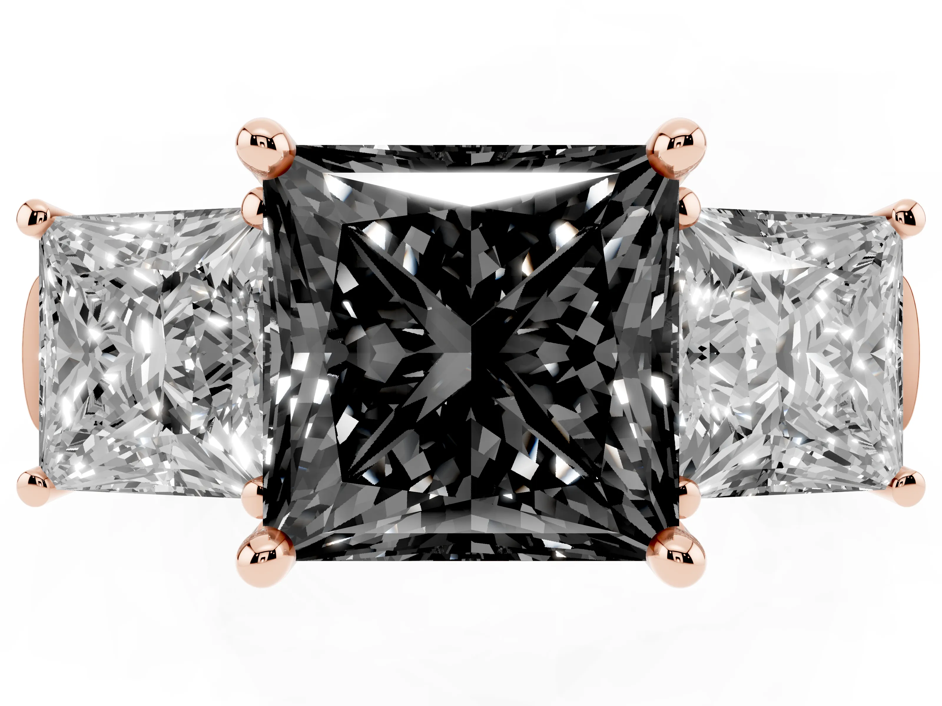 Fancy Black Princess Cut Diamond Three-Stone Trellis Ring Set in Rose gold with Comfort Fit Band
