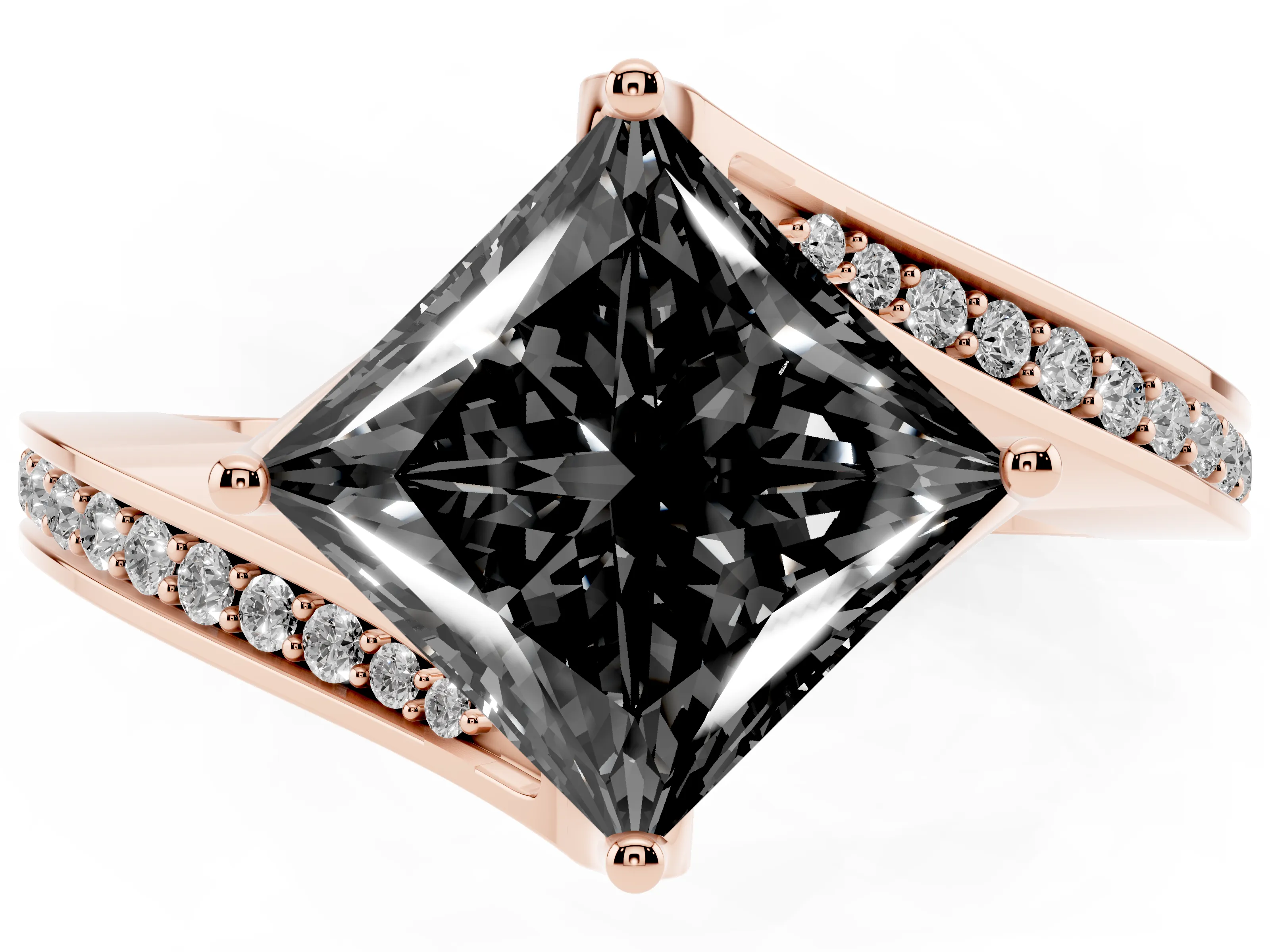 Fancy Black Princess Cut Diamond Solitaire Ring Set in Rose gold with Intertwined Pavé Twist Band