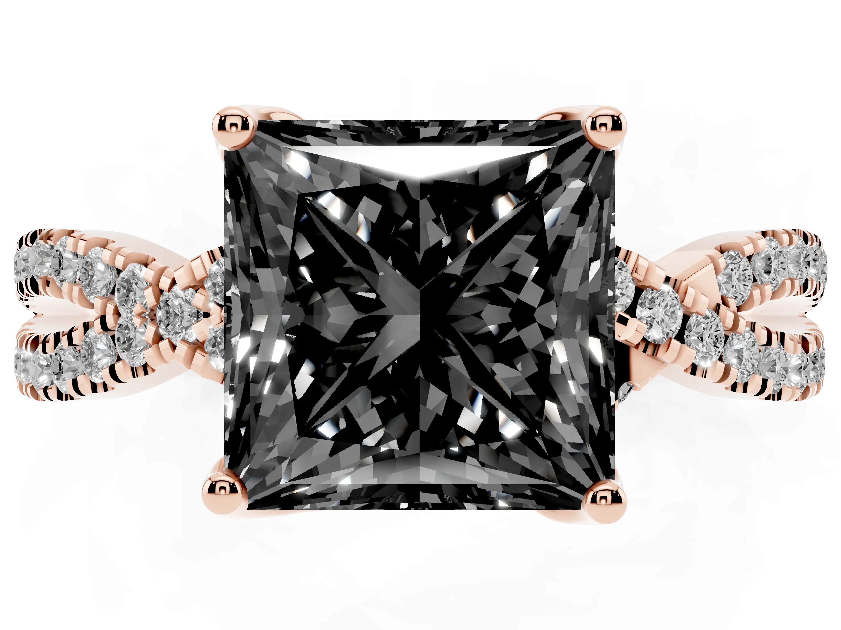 Fancy Black Princess Cut Diamond Twist Pavé Solitaire Engagement Ring Set in Rose gold with Prong Setting