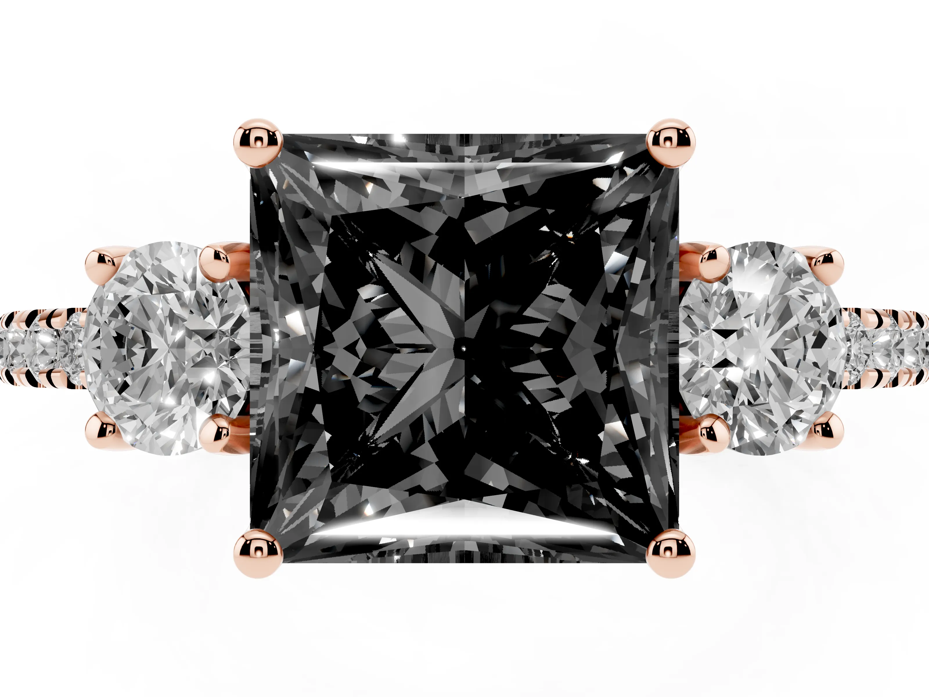 Fancy Black Princess Cut Diamond Three-Stone Ring Set in Rose gold with Pavé Band and Graduated Sides