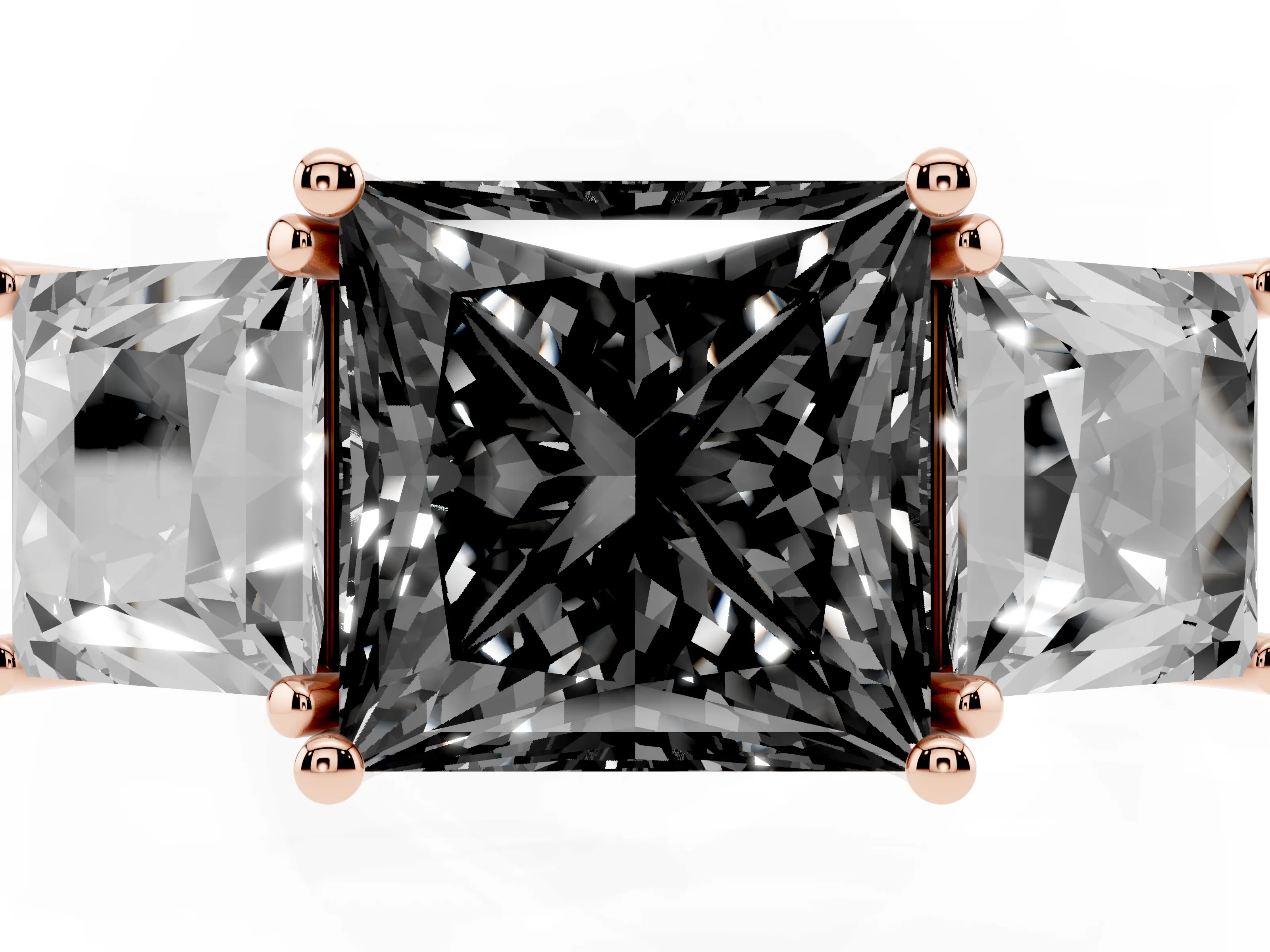 Fancy Black Princess Cut Diamond Three-Stone Ring Set in Rose gold with Pavé Band
