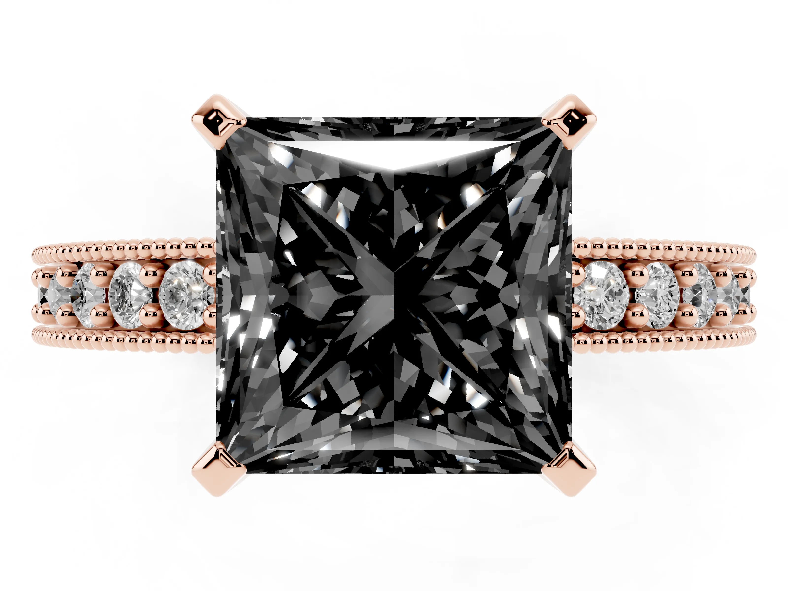Fancy Black Princess Cut Diamond Milgrain Pavé Engagement Ring Set in Rose gold with Prong Setting