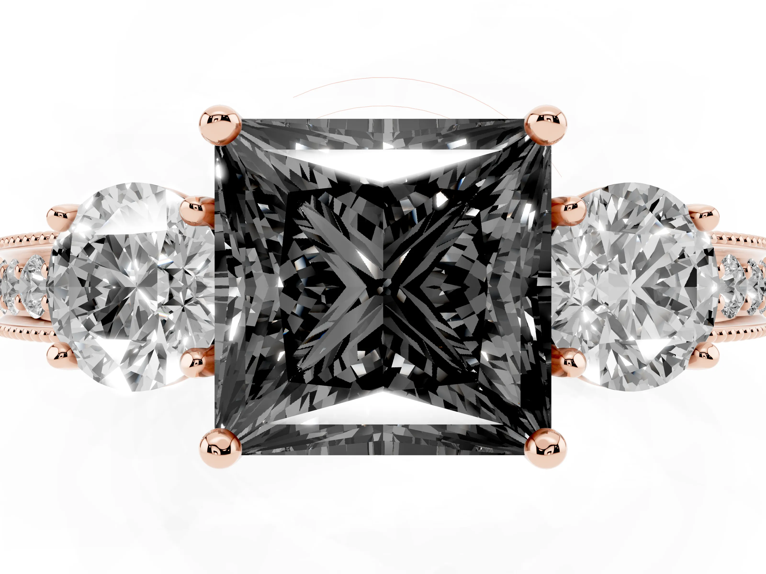 Fancy Black Princess Cut Diamond Three-Stone Ring Set in Rose gold with Round Side Stones and Pavé Band