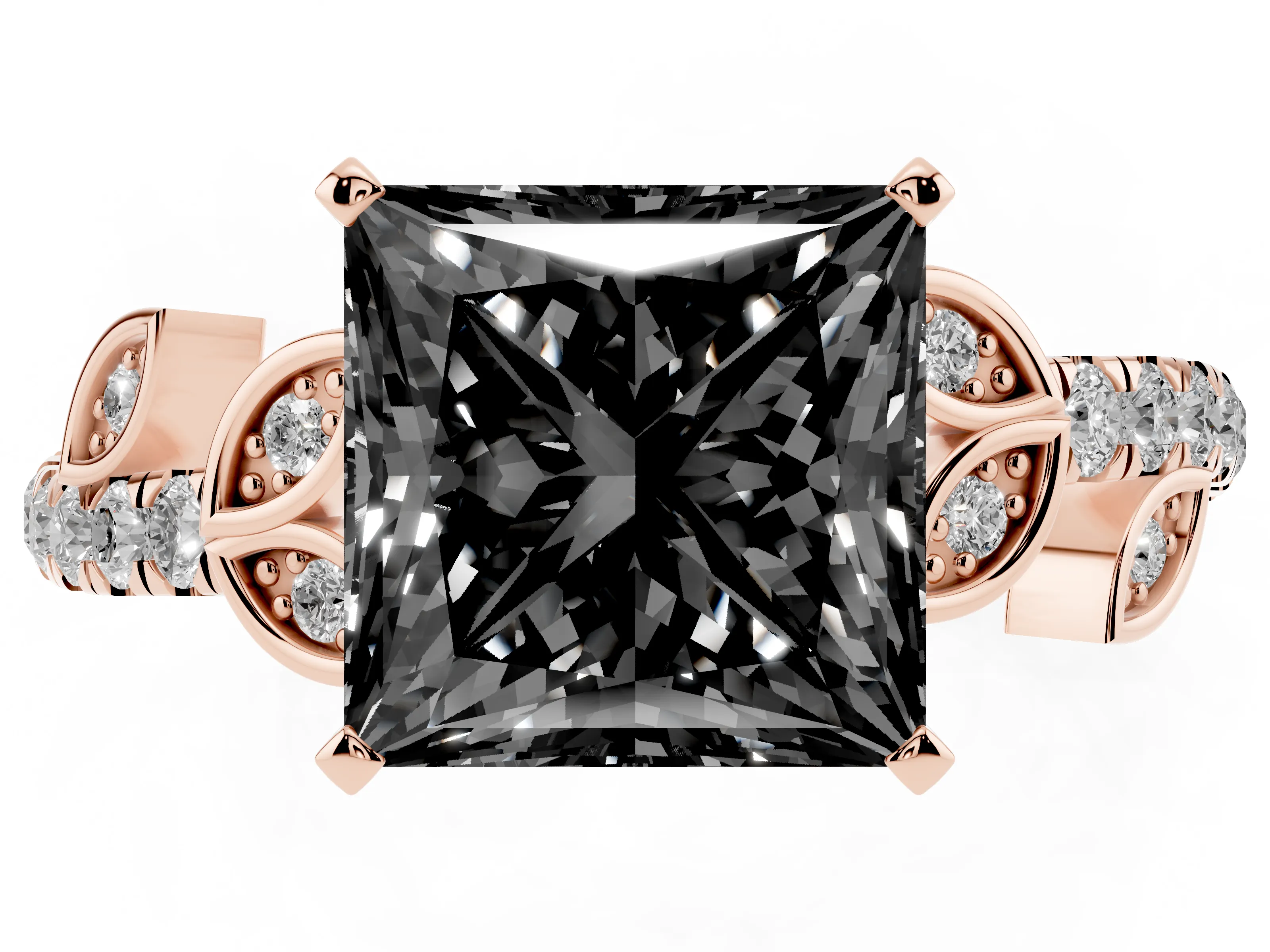 Fancy Black Princess Cut Diamond Solitaire Leaf-Inspired Ring Set in Rose gold with Pavé Band and Prong Setting