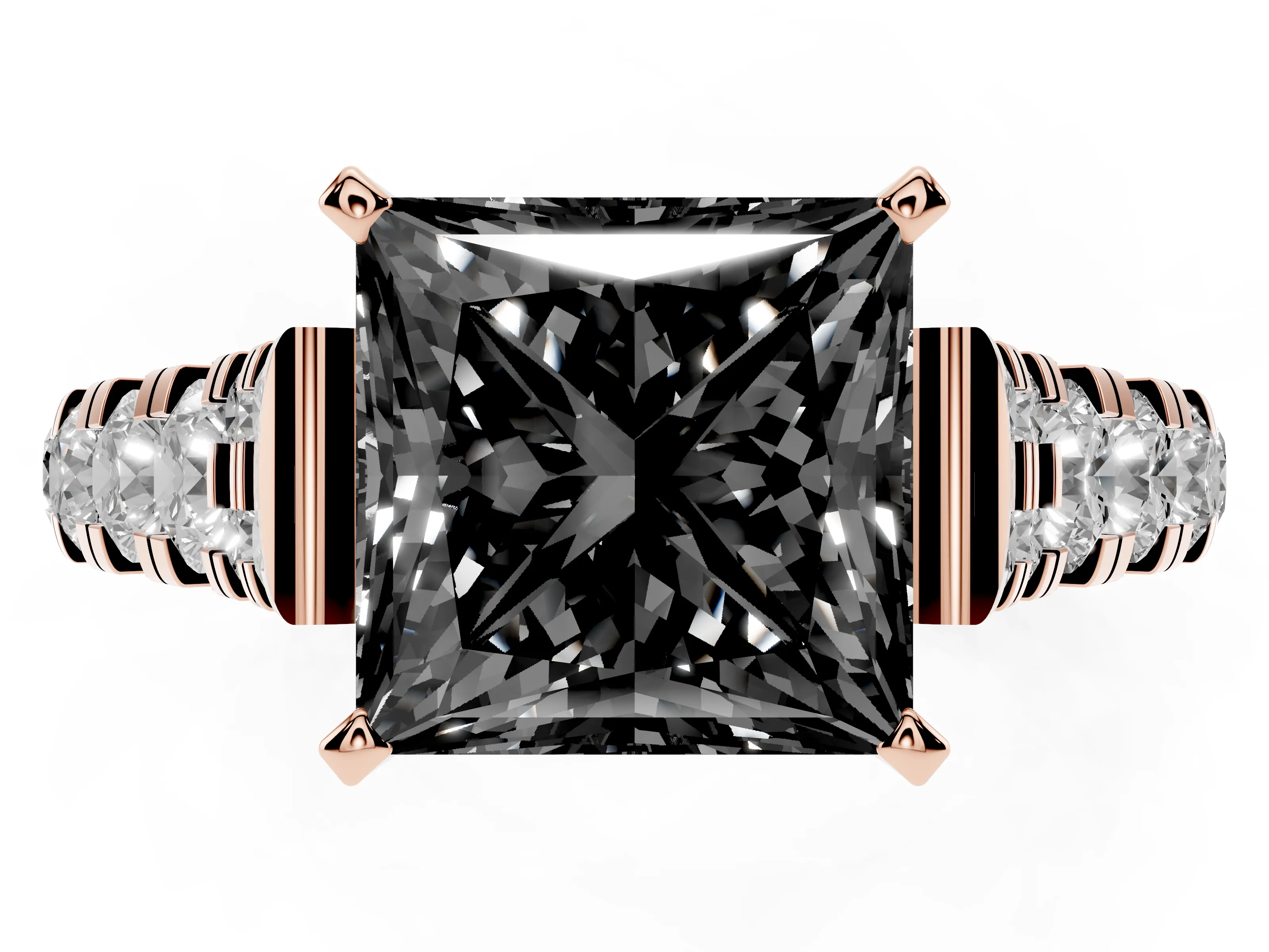 Fancy Black Princess Cut Diamond Classic Solitaire Ring Set in Rose gold with Pavé Band and Prong Setting