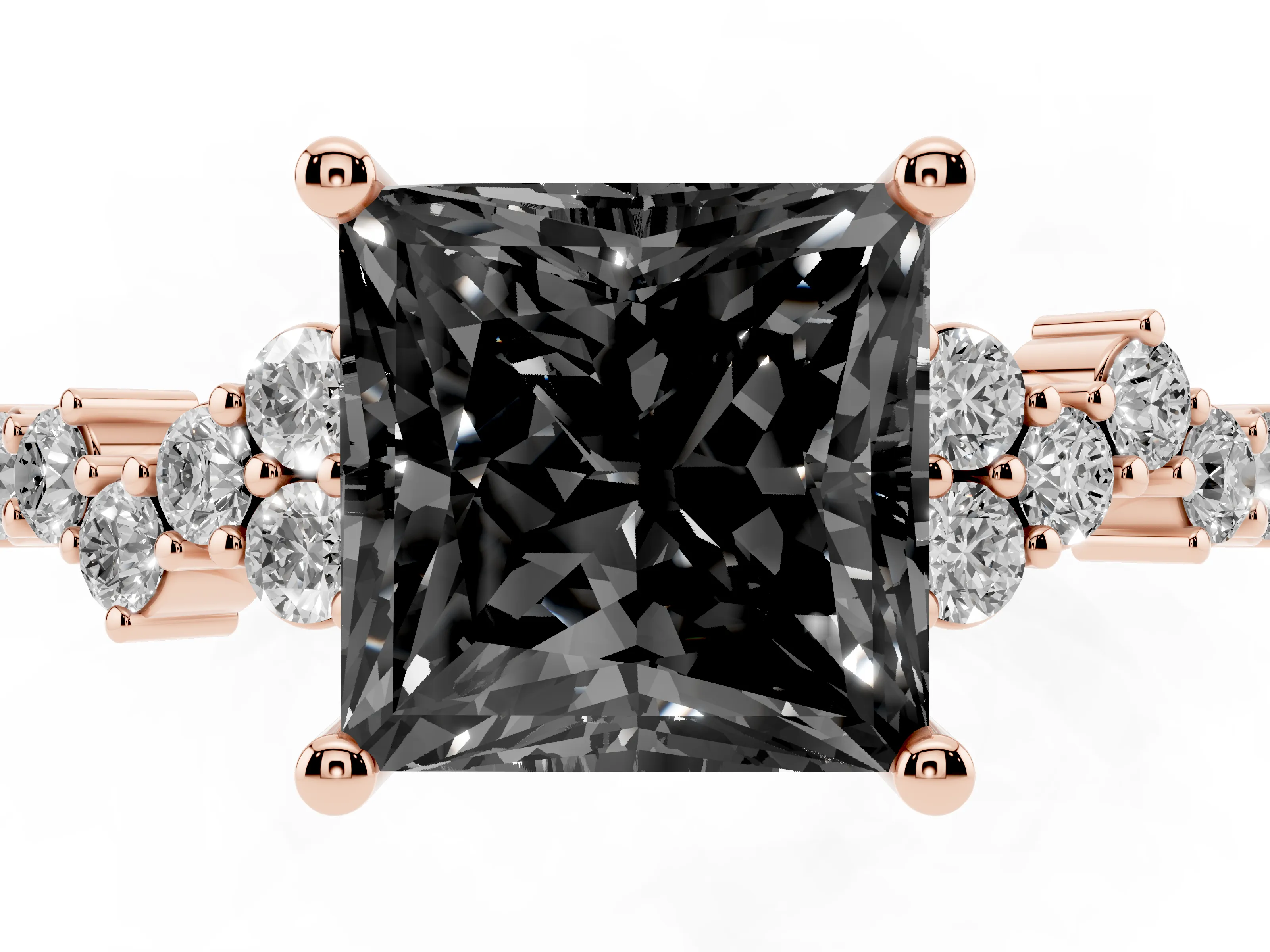 Fancy Black Princess Cut Diamond Ring Set in Rose gold with Scattered Round Accents