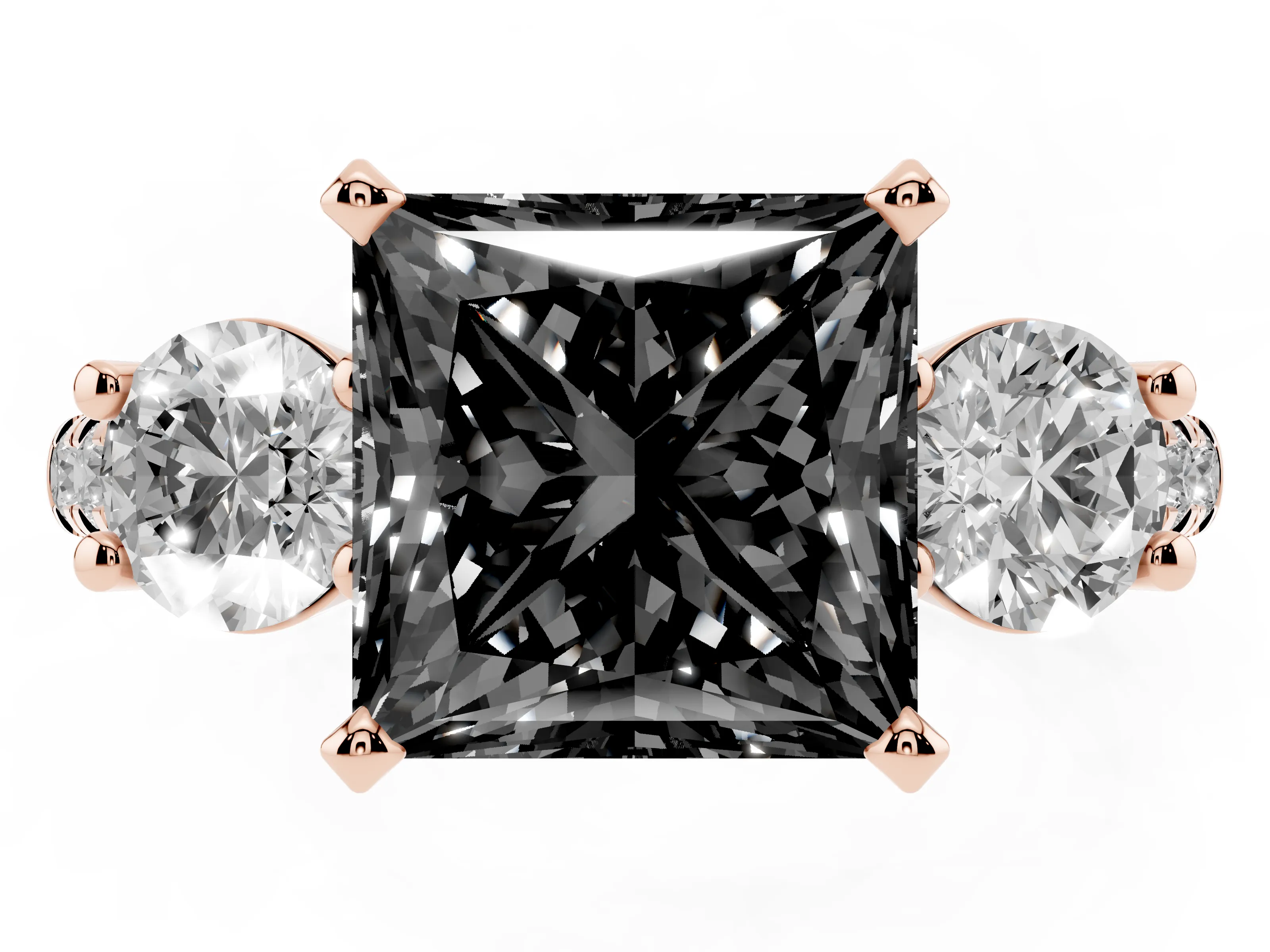 Fancy Black Three-Stone Princess Cut Diamond Pavé Band Ring Set in Rose gold with Prong-Set Trio