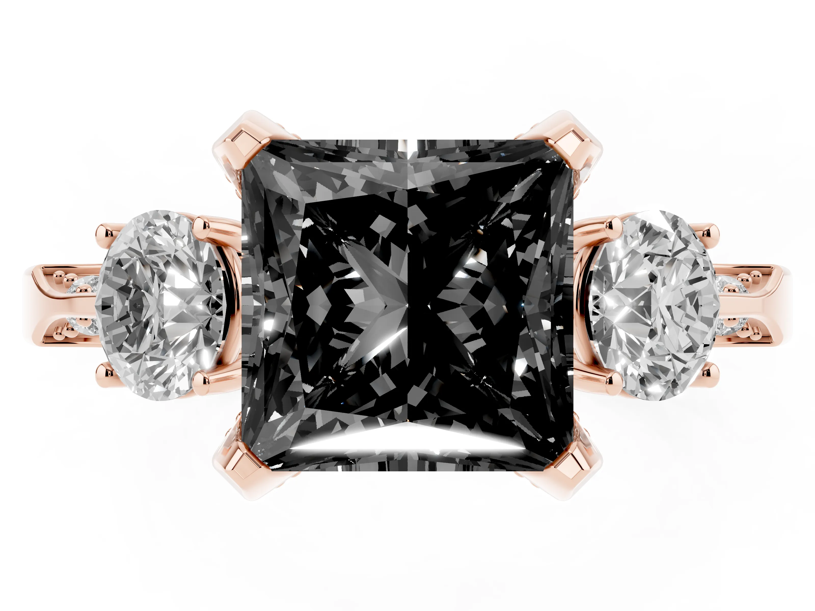 Fancy Black Princess Cut Diamond Three-Stone Ring Set in Rose gold with Pavé Band and Smaller Side Stones