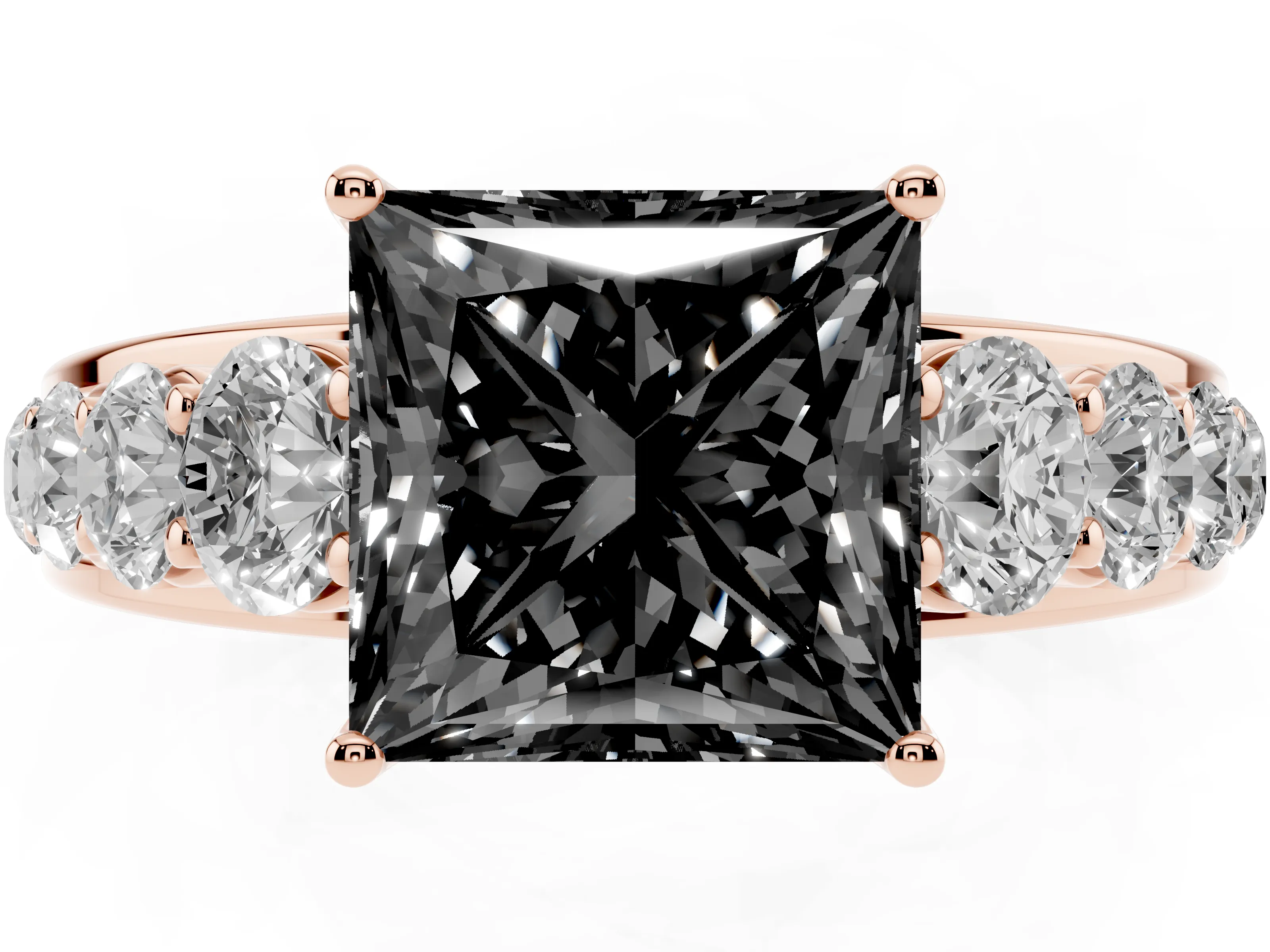 Fancy Black Princess Cut Diamond Solitaire Ring Set in Rose gold with Pavé-Set Band and Prong Setting