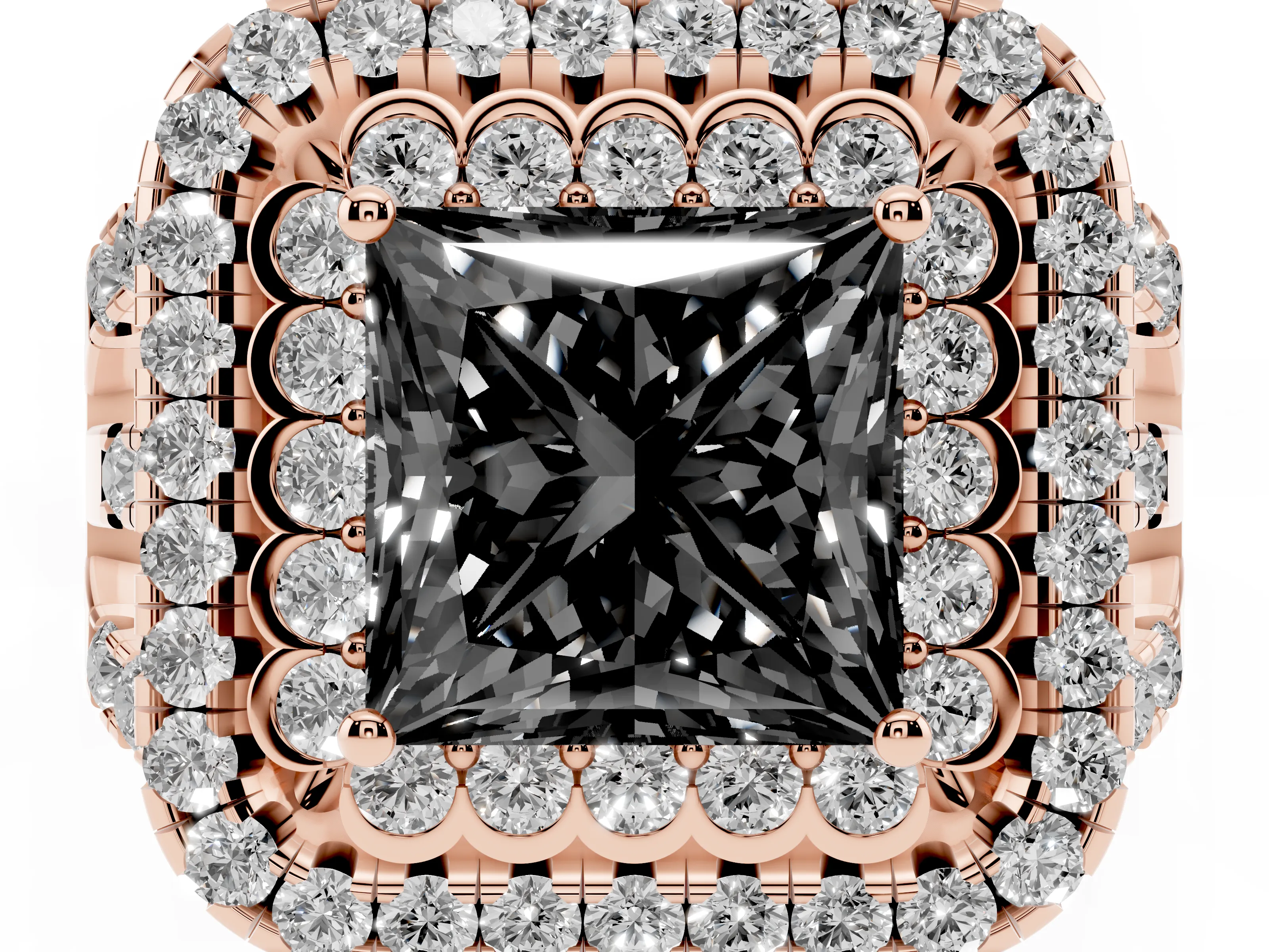 Fancy Black Princess Cut Diamond Double Halo Ring Set in Rose gold with Round Pavé Split Shank