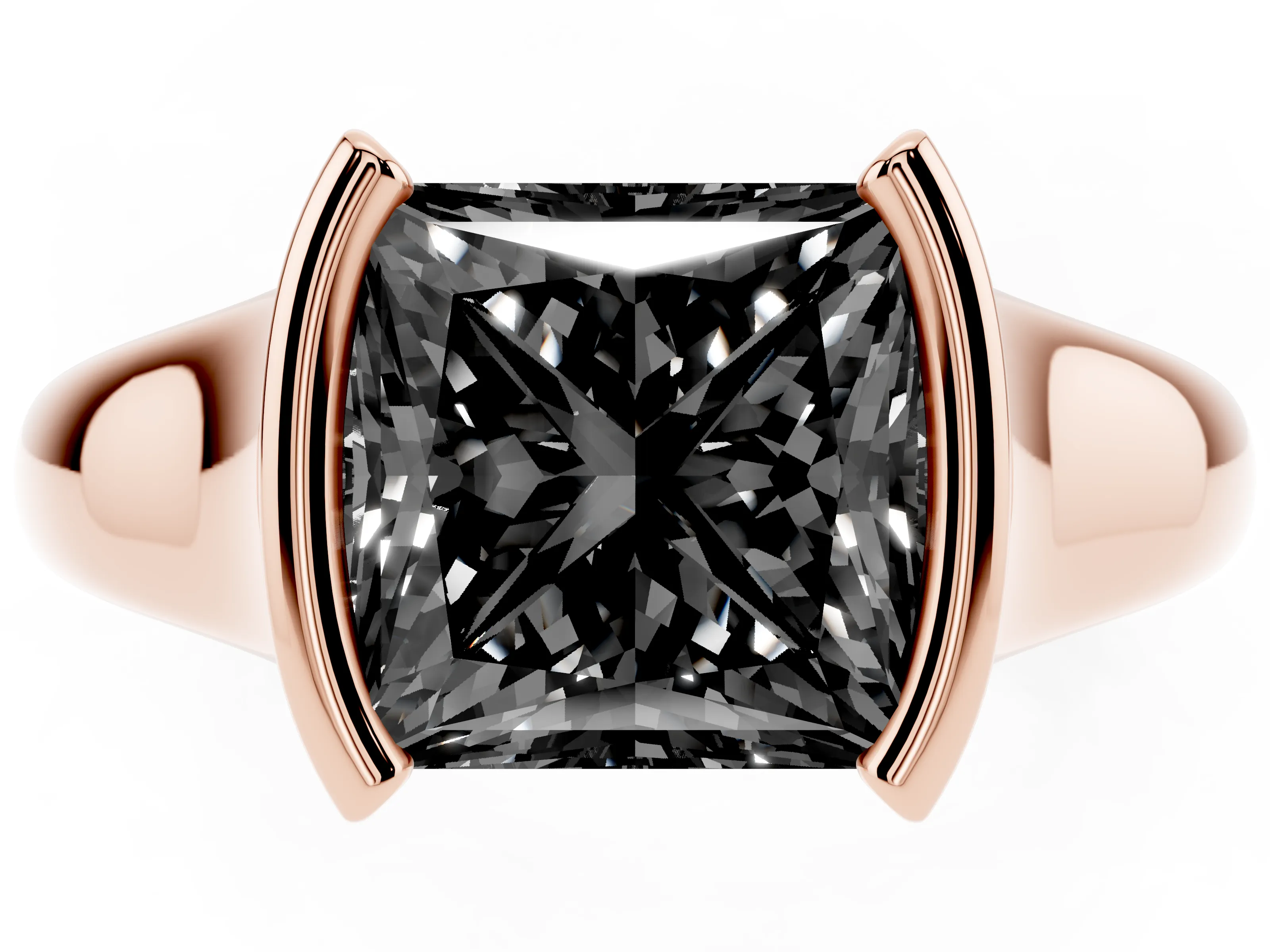Fancy Black Princess Cut Diamond Solitaire Tension Set Ring Set in Rose gold with Split Shank Band