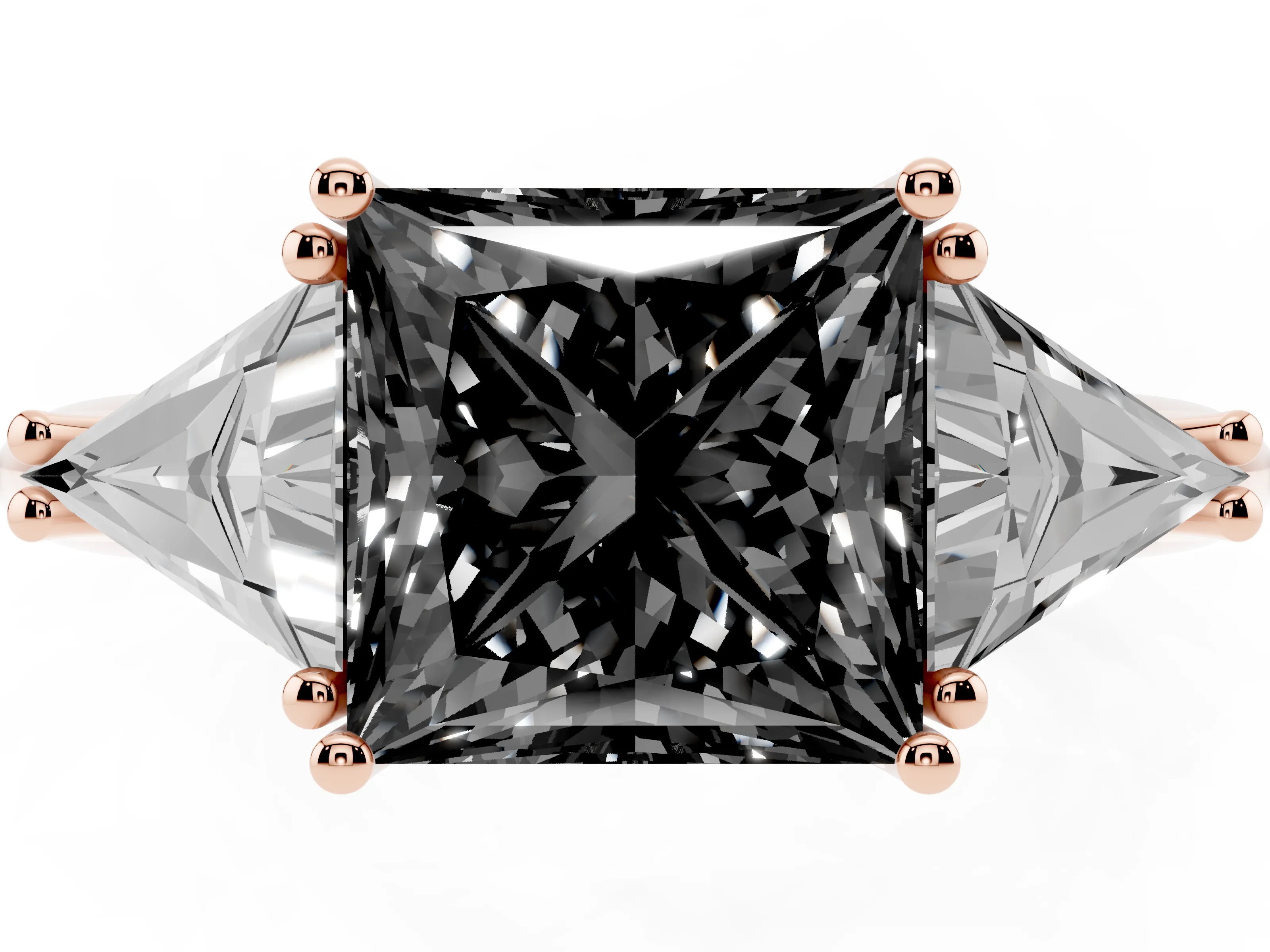 Fancy Black Princess Cut Diamond Three-Stone Engagement Ring Set in Rose gold with Trillion Side Stones
