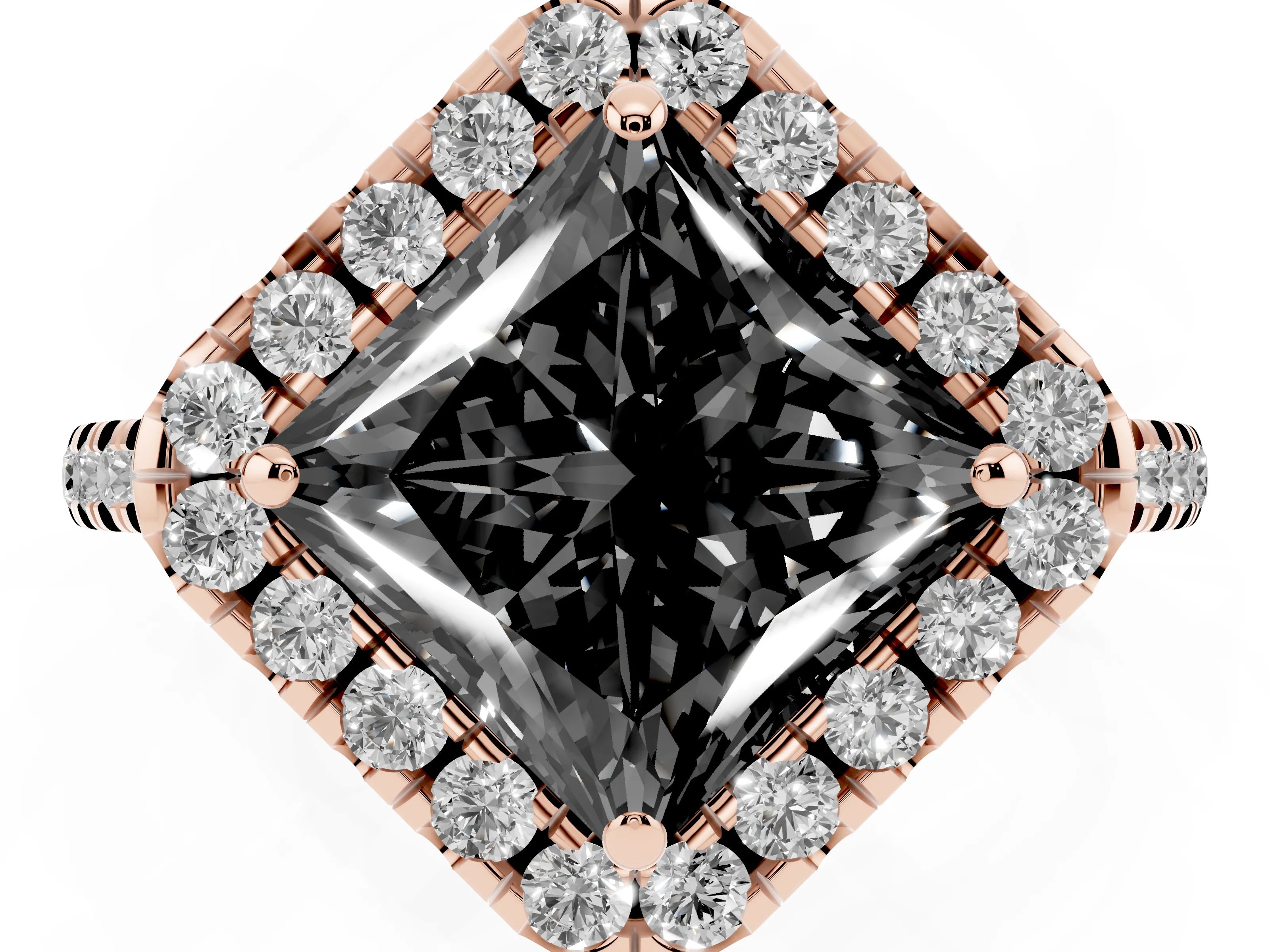 Fancy Black Princess Cut Diamond Cushion Halo Ring Set in Rose gold with Pavé Band