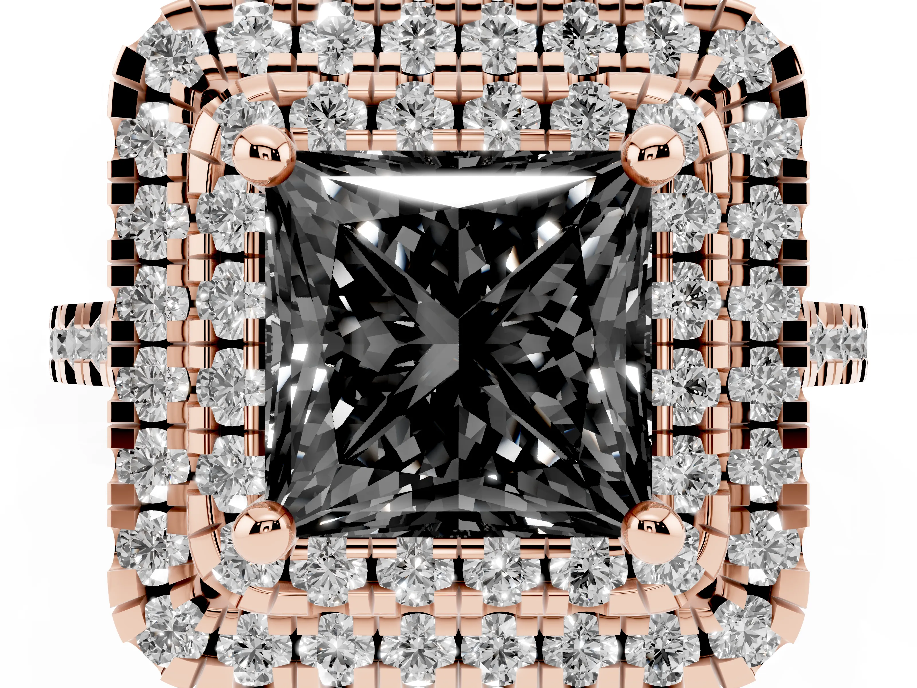 Fancy Black Princess Cut Diamond Double Halo Statement Ring Set in Rose gold with Pavé Band