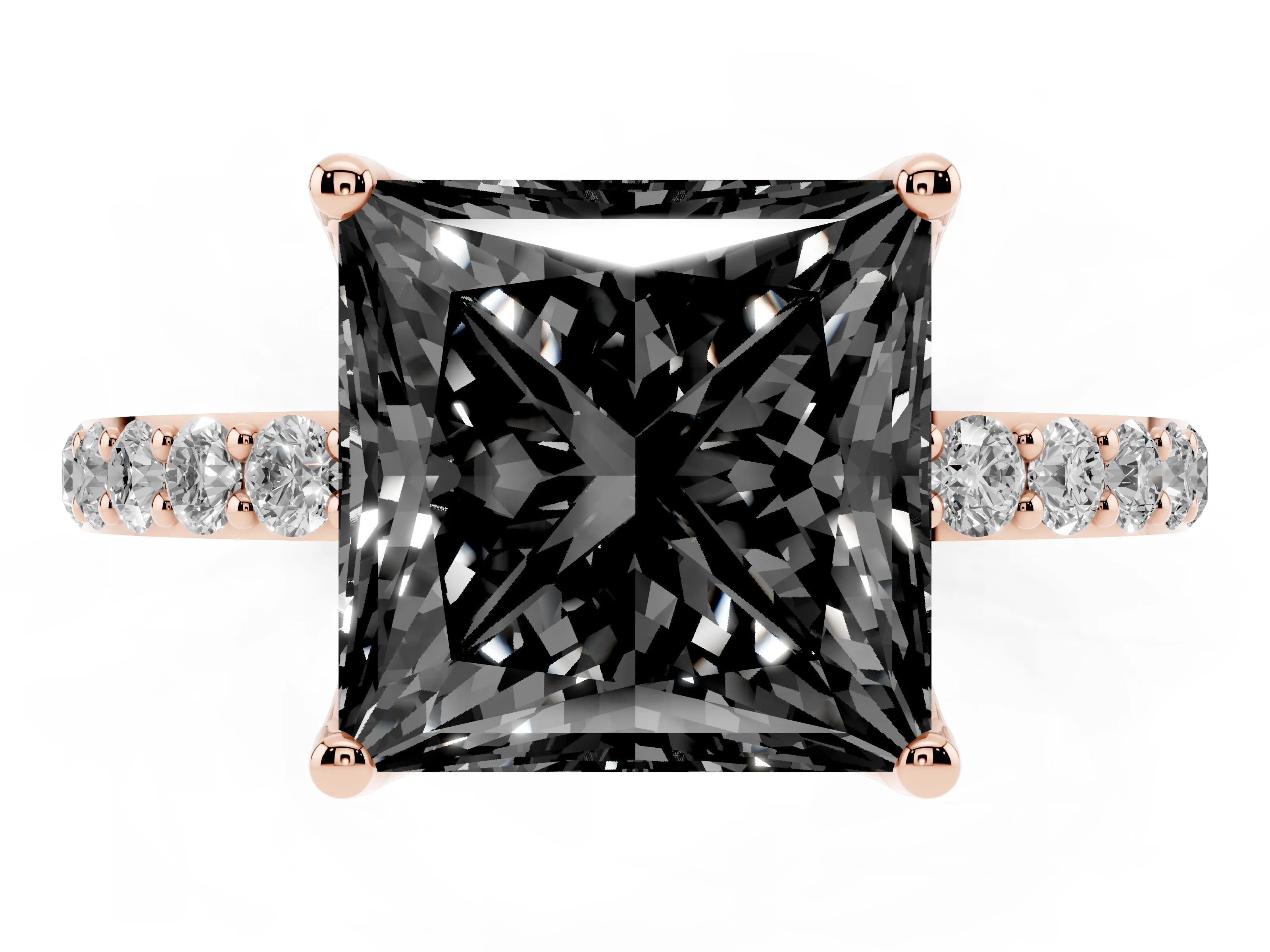 Fancy Black Princess Cut Diamond Solitaire Engagement Ring Set in Rose gold with Round Pavé Band and Prong Setting