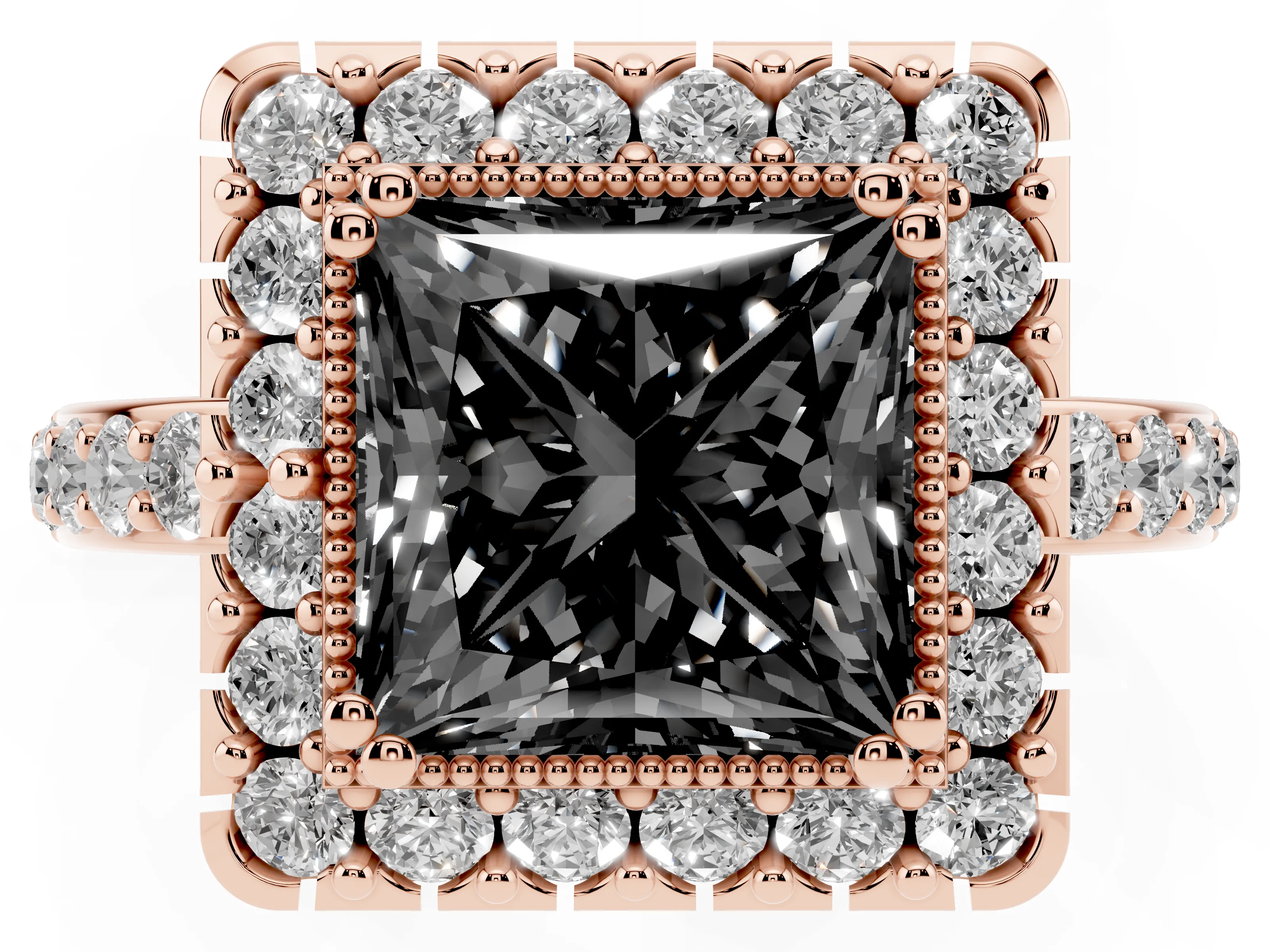Fancy Black Princess Cut Diamond Halo Ring Set in Rose gold with Pavé Shank and Prong Setting