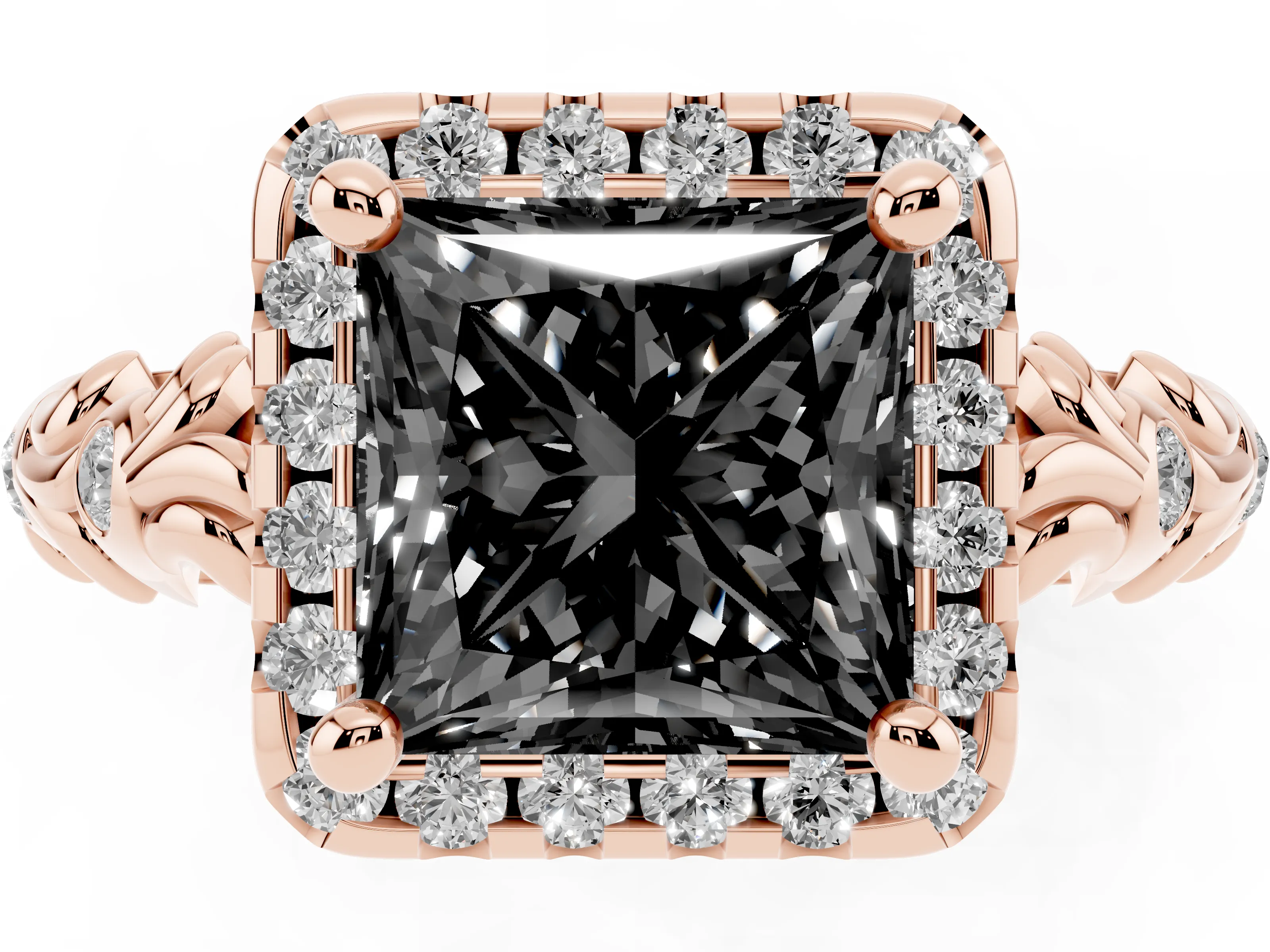 Fancy Black Princess Cut Diamond Halo Ring Set in Rose gold with Filigree Leaf Band and Prong Setting