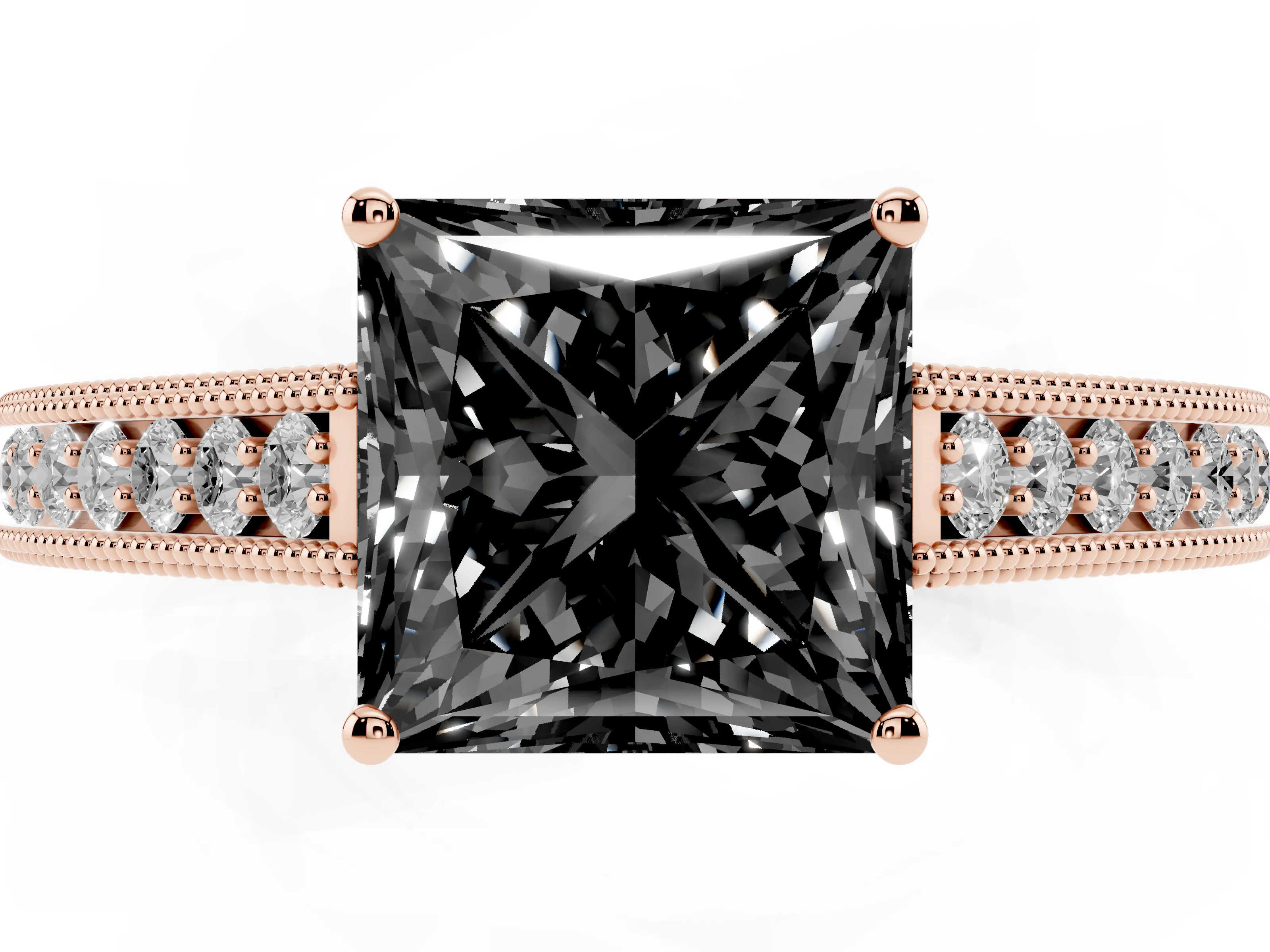 Fancy Black Princess Cut Diamond Milgrain Pavé Band Solitaire Ring Set in Rose gold with Prong Setting