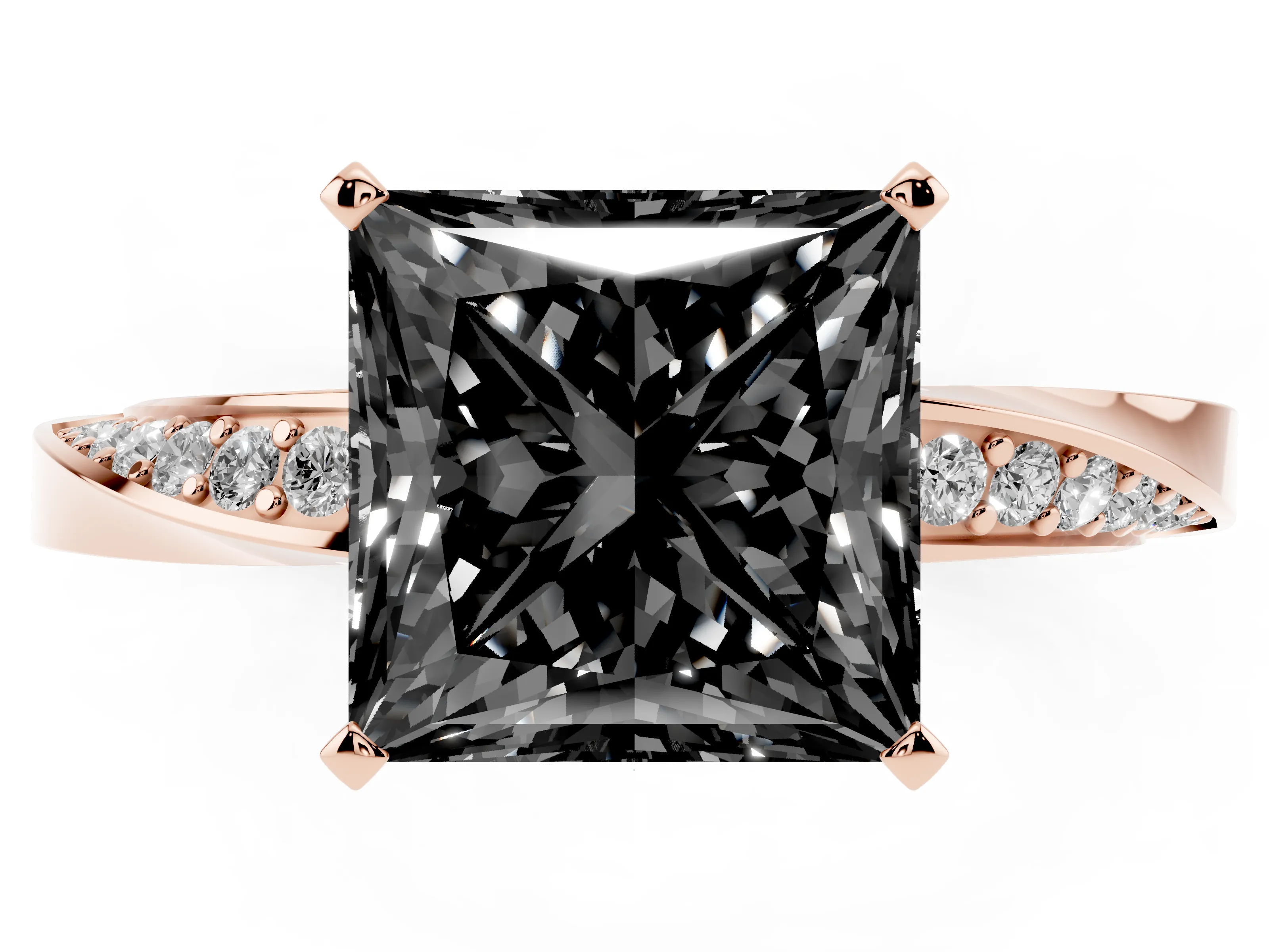 Fancy Black Princess Cut Diamond Engagement Ring Set in Rose gold with Side Stone Accents and Prong Setting