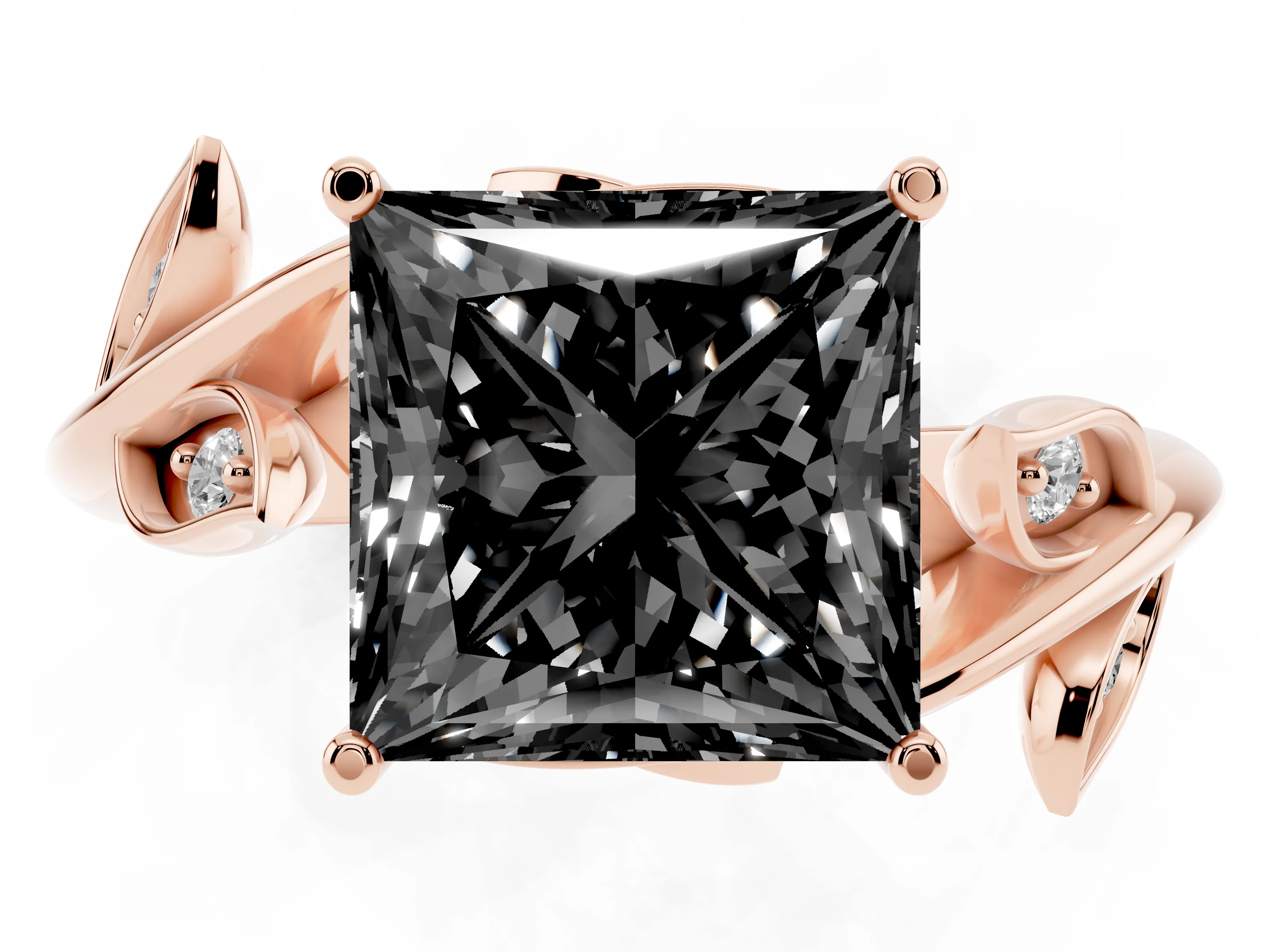 Fancy Black Princess Cut Diamond Solitaire Twist Engagement Ring Set in Rose gold with Pavé Leaf Accents