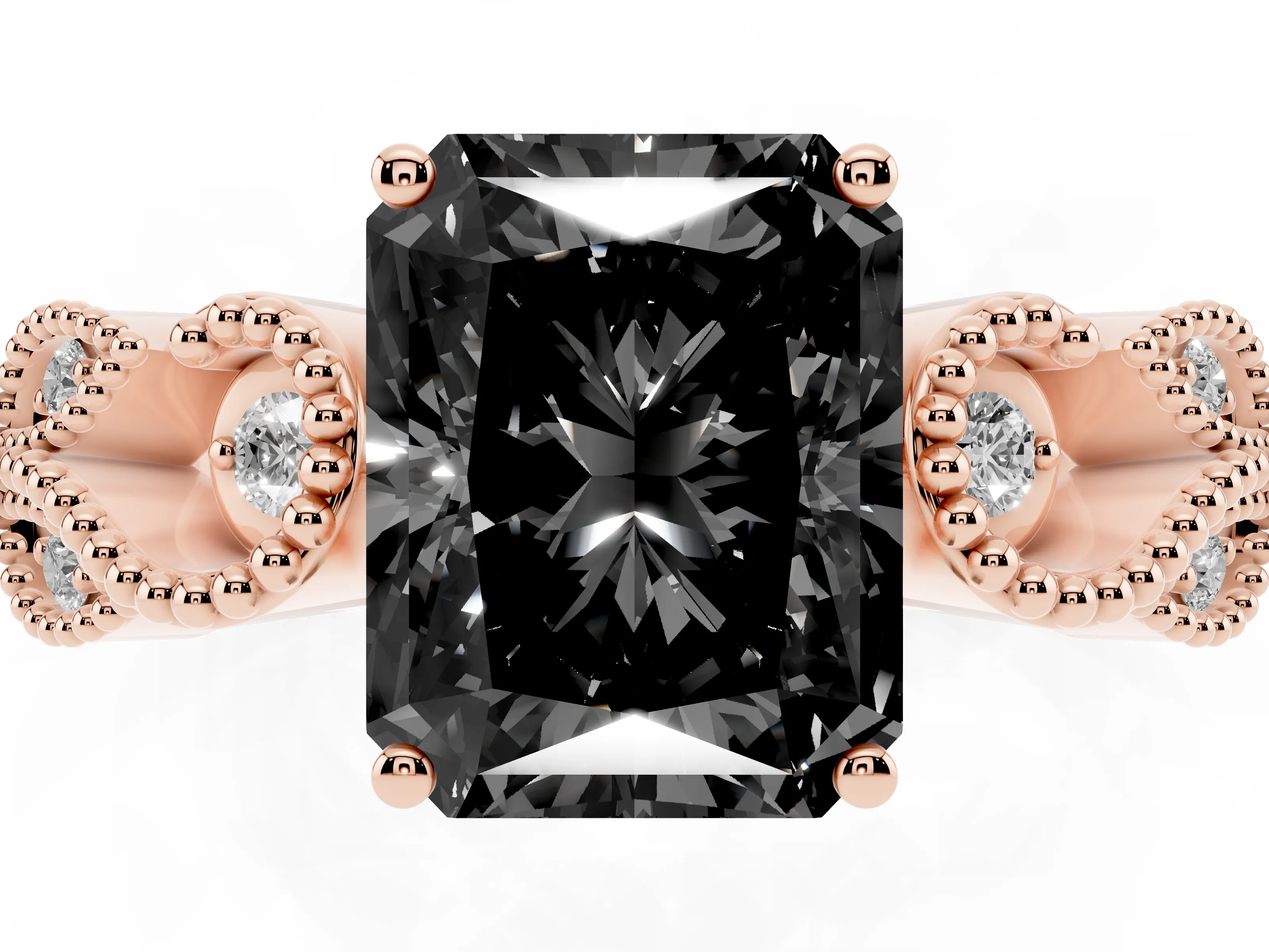 Fancy Black Princess Cut Diamond Milgrain Leaf Band Solitaire Ring Set in Rose gold with Accent Stones and Prong Setting