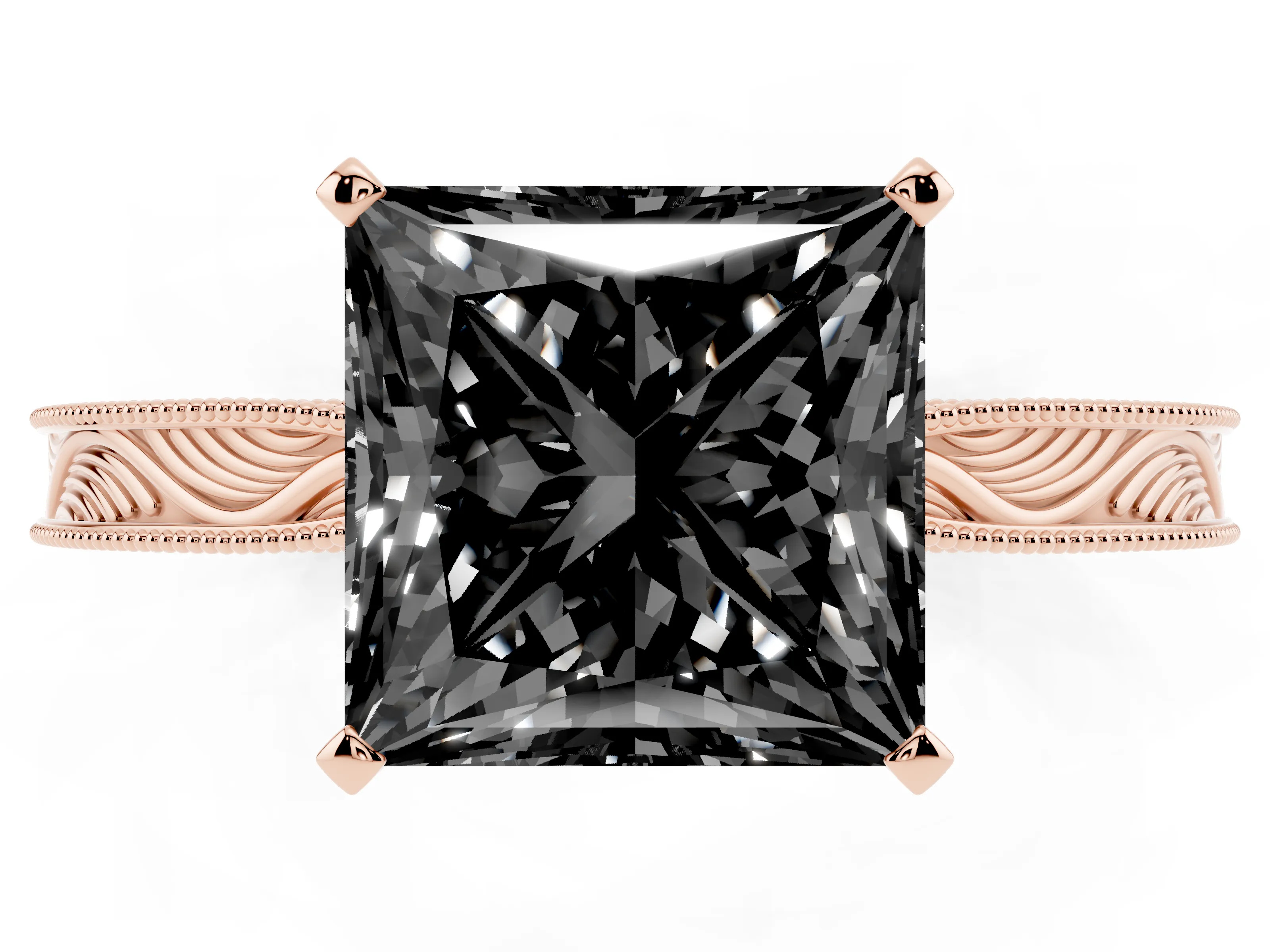 Fancy Black Princess Cut Diamond Solitaire Milgrain Engraved Band Set in Rose gold with Prong Setting