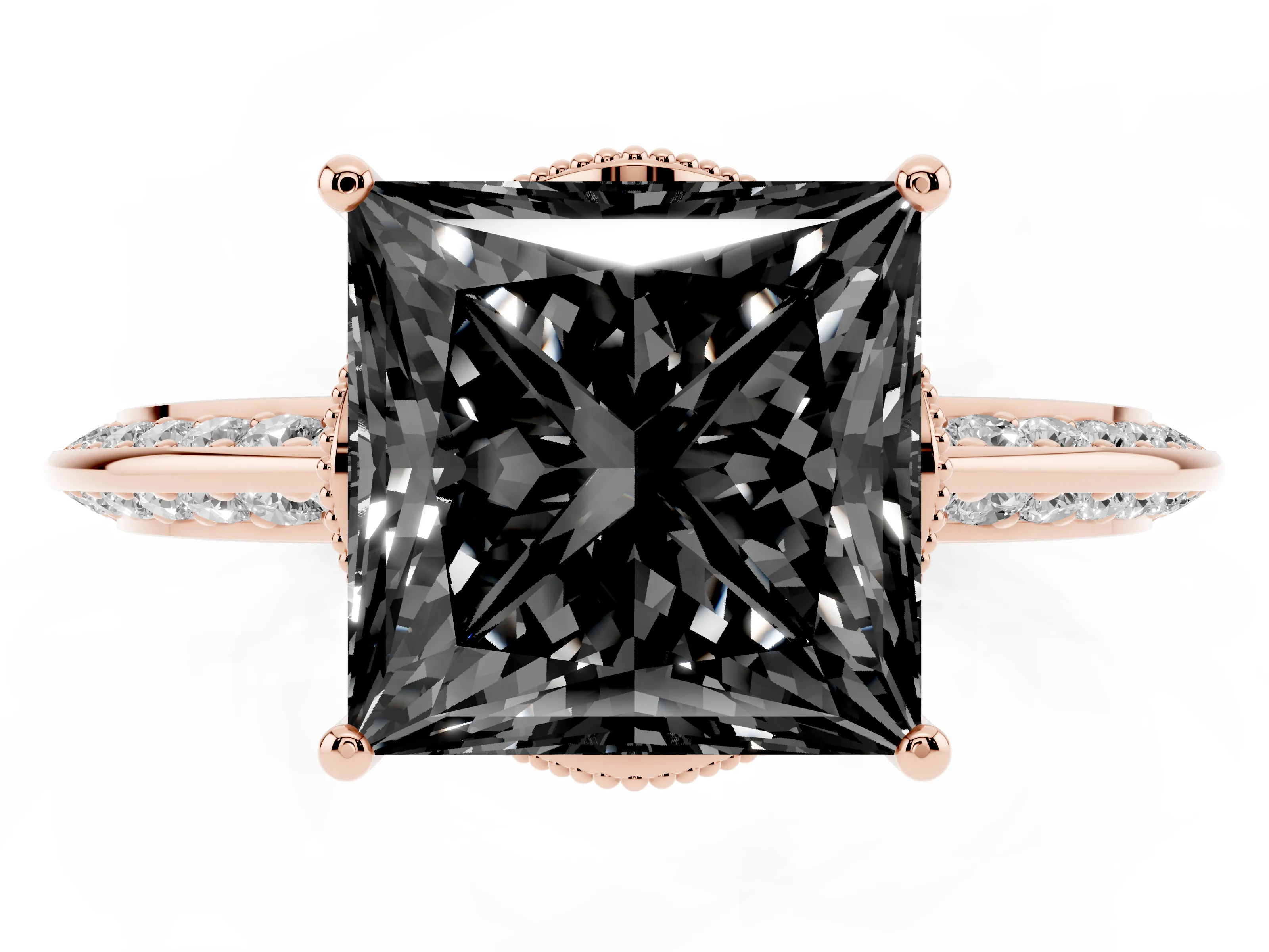 Fancy Black Princess Cut Diamond Solitaire Engagement Ring Set in Rose gold with Pavé Split Shank and Prong Setting