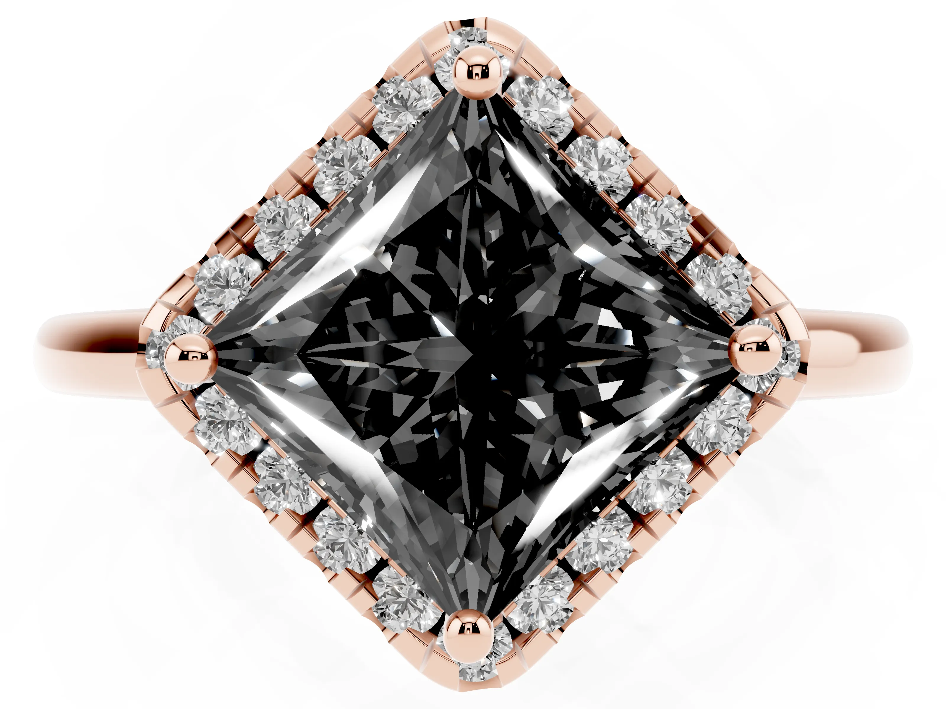 Fancy Black Princess Cut Diamond Halo Engagement Ring Set in Rose gold with Pavé Band and Rising Shoulders