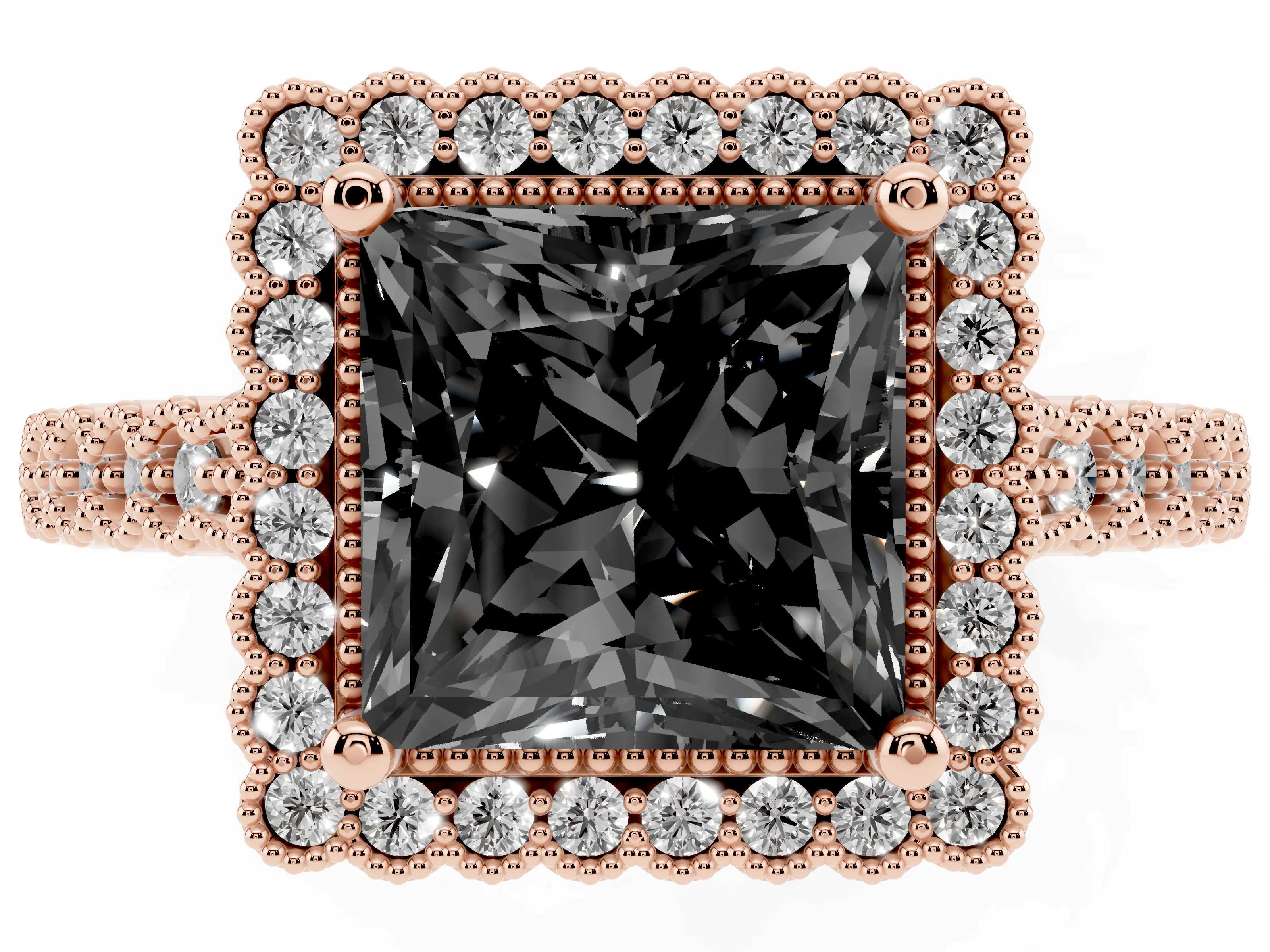 Fancy Black Princess Cut Diamond Halo Ring Set in Rose gold with Pavé Milgrain Band