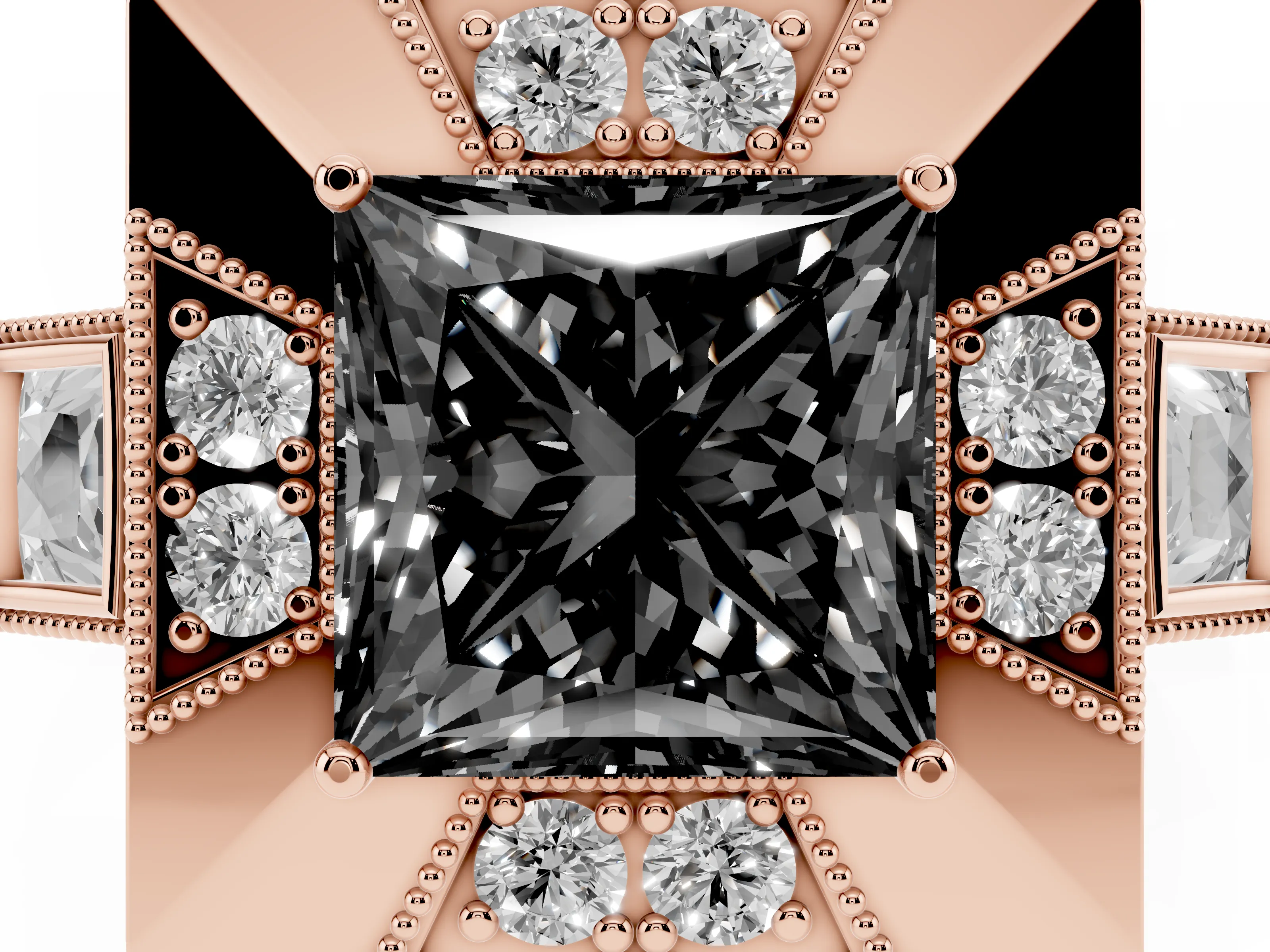 Fancy Black Princess Cut Diamond Milgrain Halo Ring Set in Rose gold with Split Shank