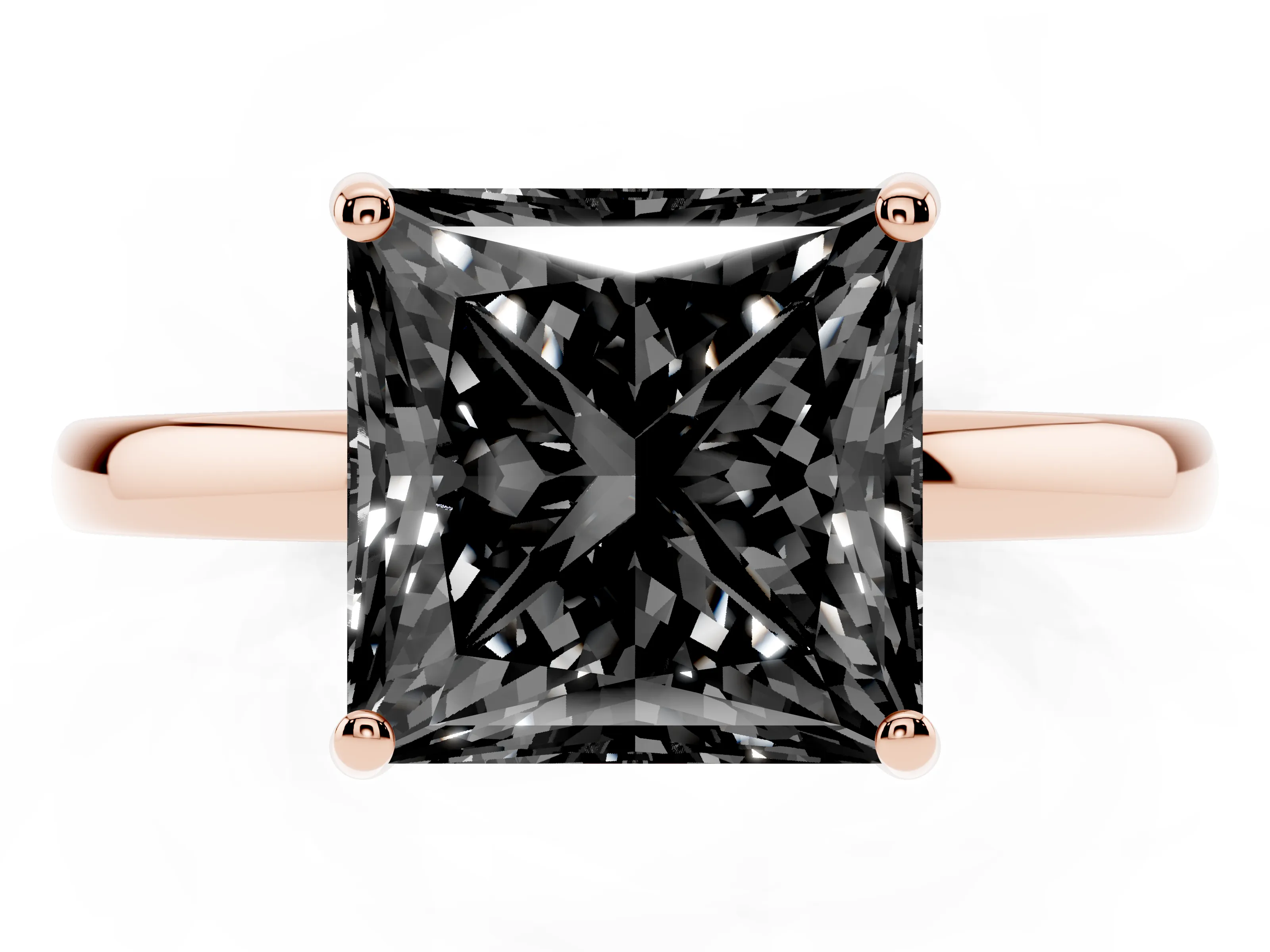 Fancy Black Princess Cut Diamond Solitaire Ring Set in Rose gold with Plain Band and Prong Setting