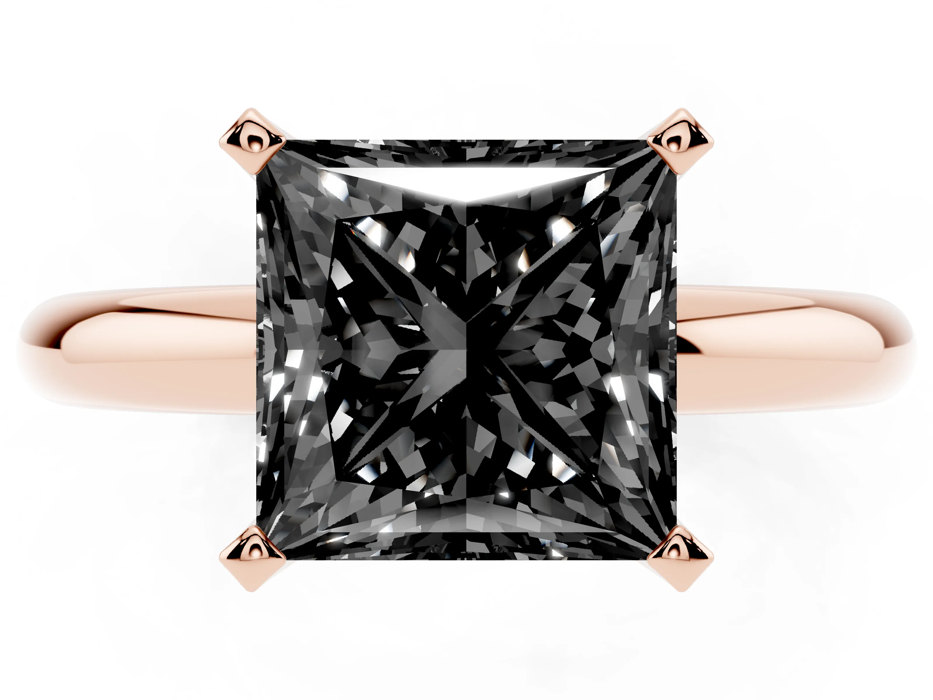 Fancy Black Princess Cut Diamond Solitaire Engagement Ring Set in Rose gold with Round Band and Prong Setting