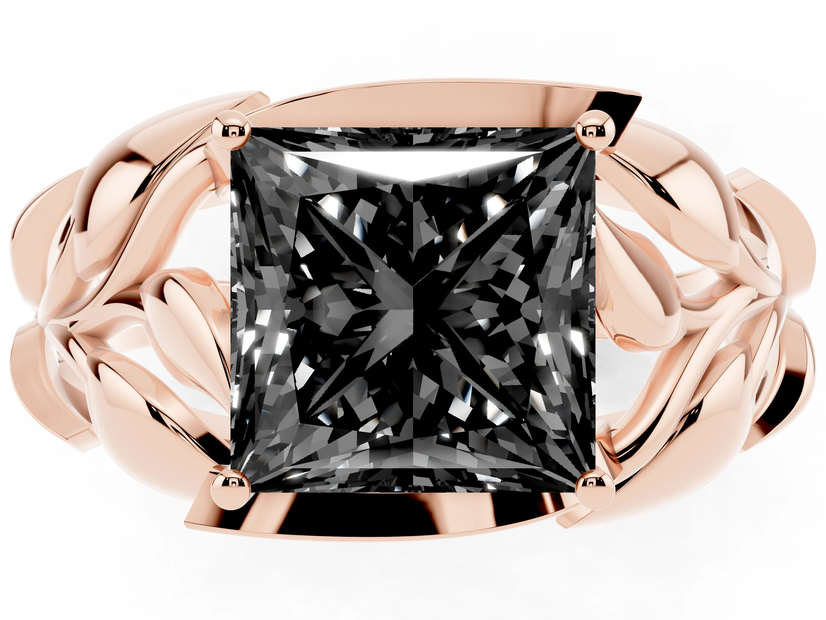 Fancy Black Princess Cut Diamond Leaf-Inspired Engagement Ring Set in Rose gold with Round Accents