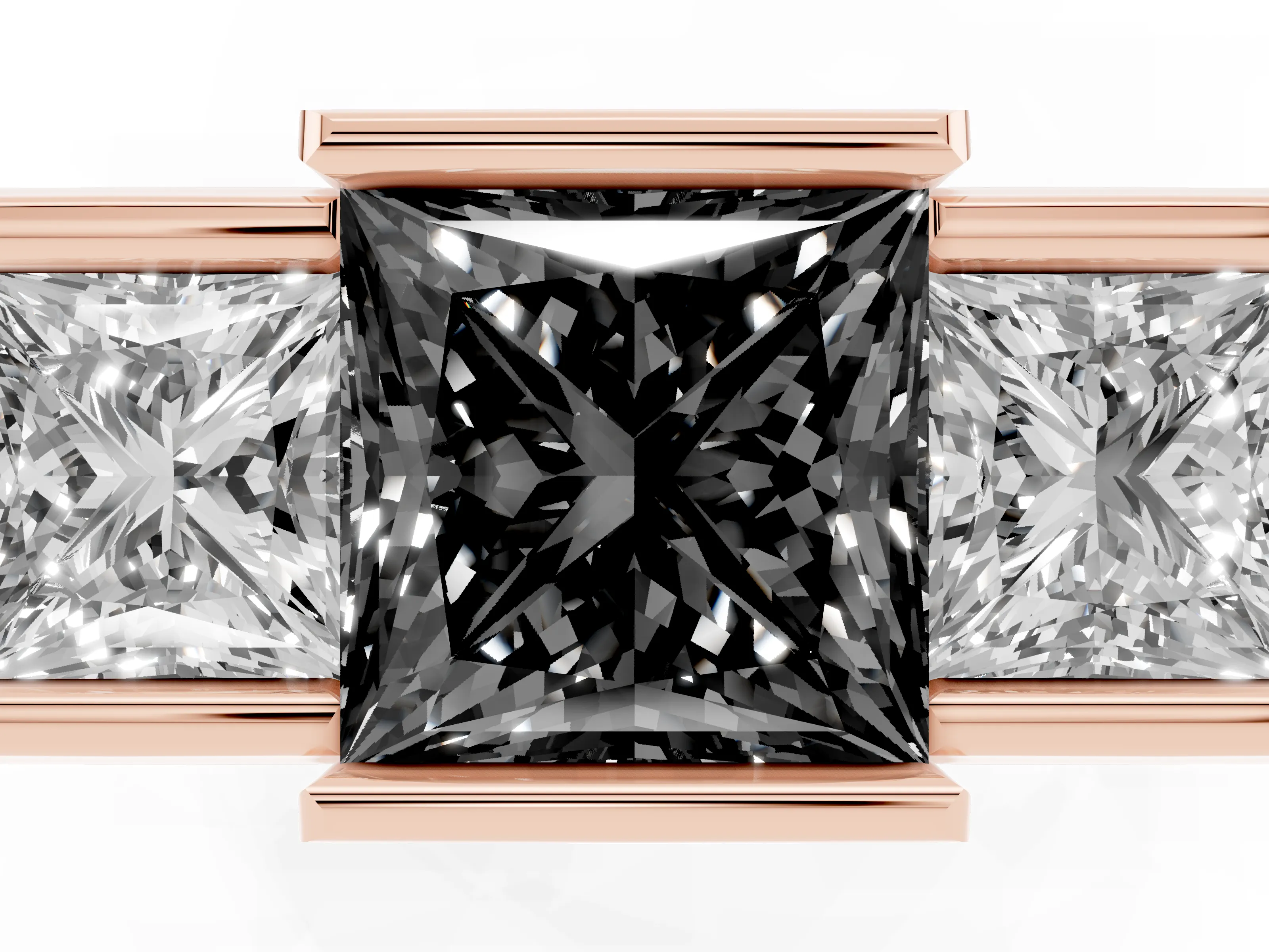 Fancy Black Princess Cut Diamond Three-Stone Channel Set Ring Set in Rose gold with Smooth Polished Band