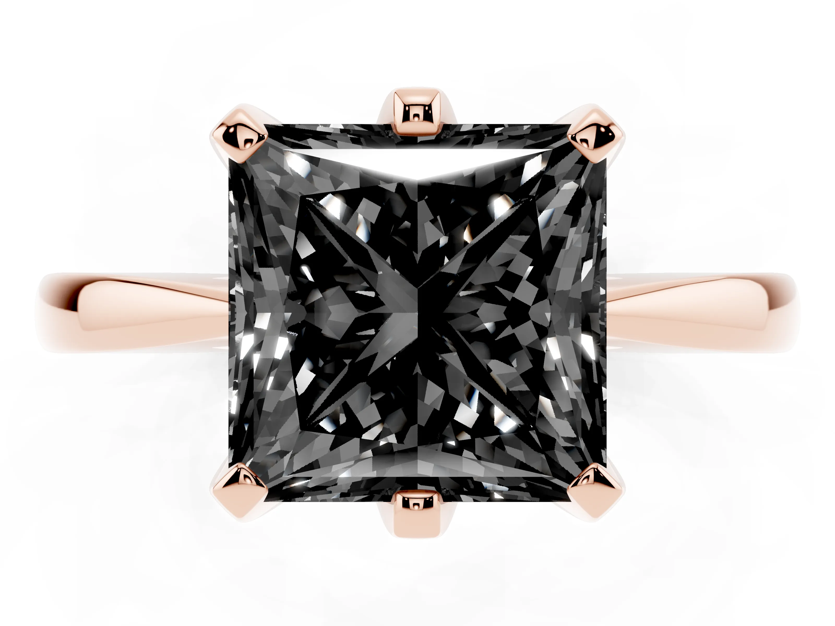 Fancy Black Princess Cut Diamond Solitaire Engagement Ring Set in Rose gold with Slim Tapered Solitaire Band