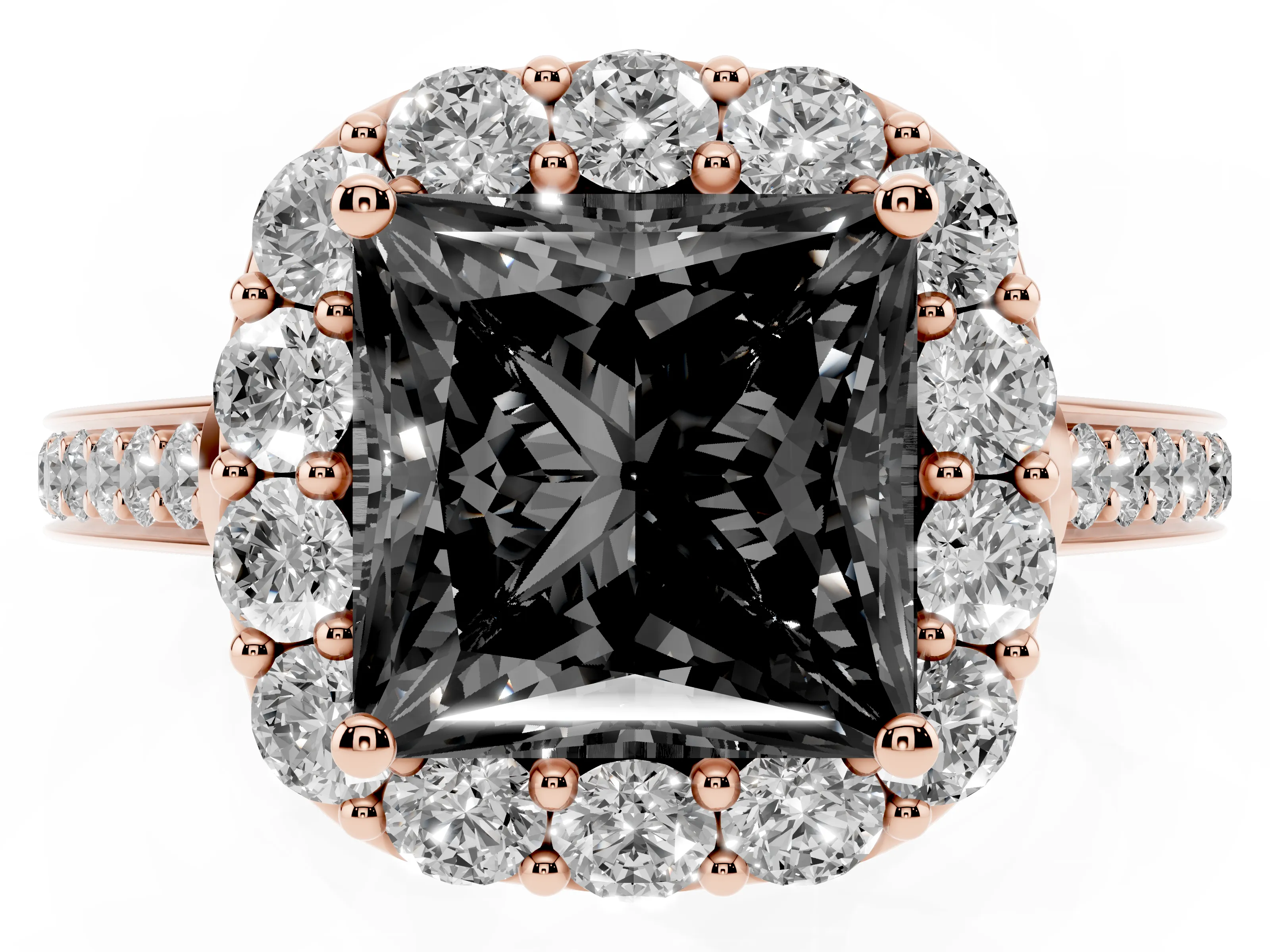 Fancy Black Princess Cut Diamond Floral Halo Ring Set in Rose gold with Pavé Band and Prong Setting