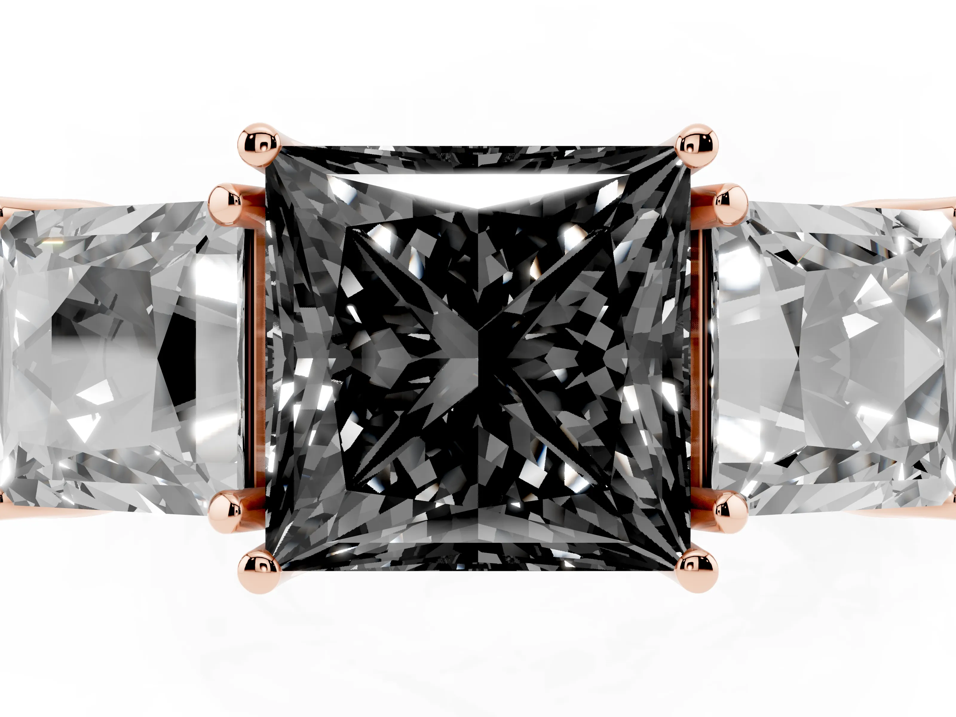 Fancy Black Princess Cut Diamond Three-Stone Engagement Ring Set in Rose gold with Milgrain Pavé Band