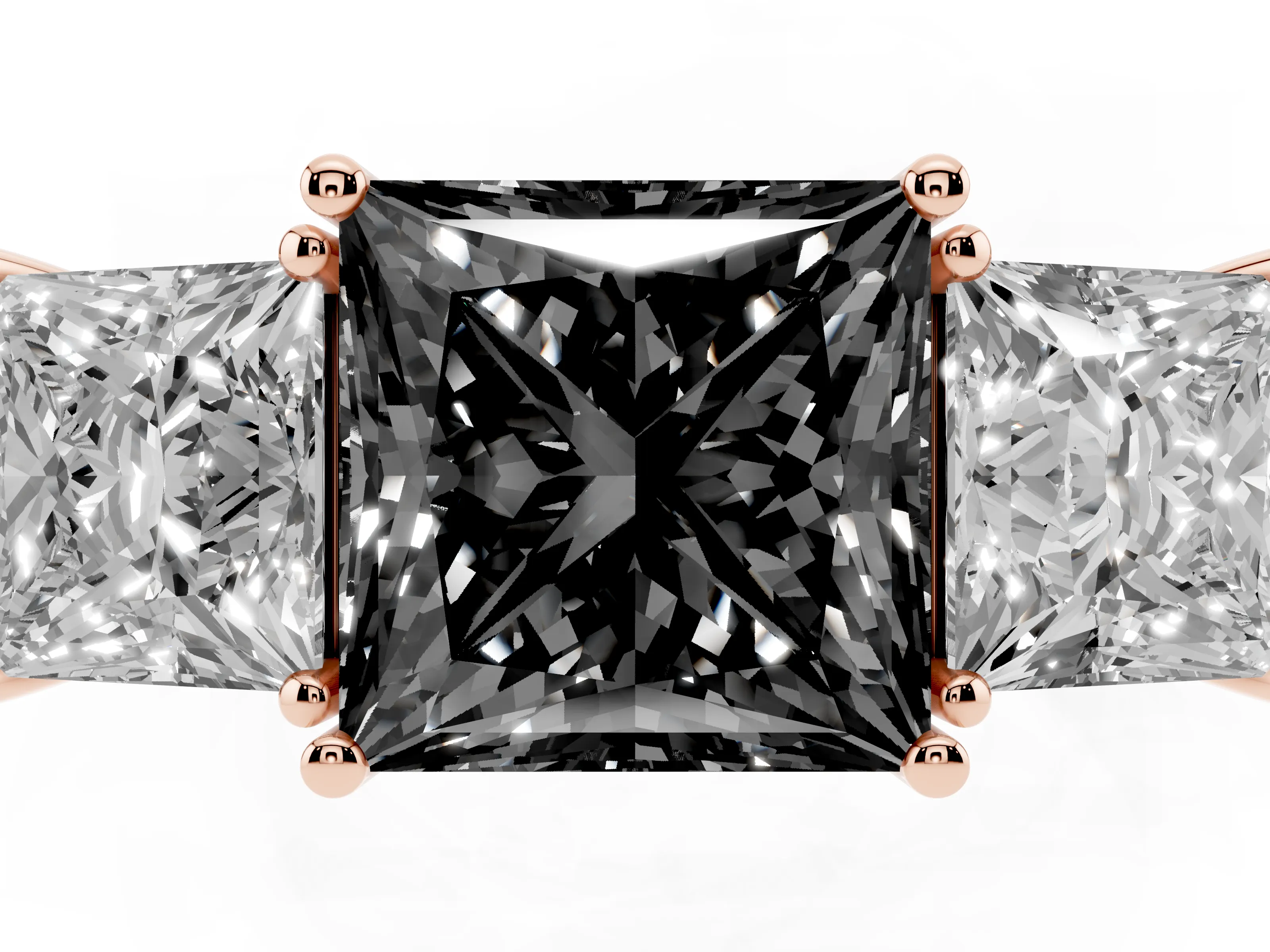 Fancy Black Princess Cut Diamond Three-Stone Engagement Ring Set in Rose gold with Flat Band