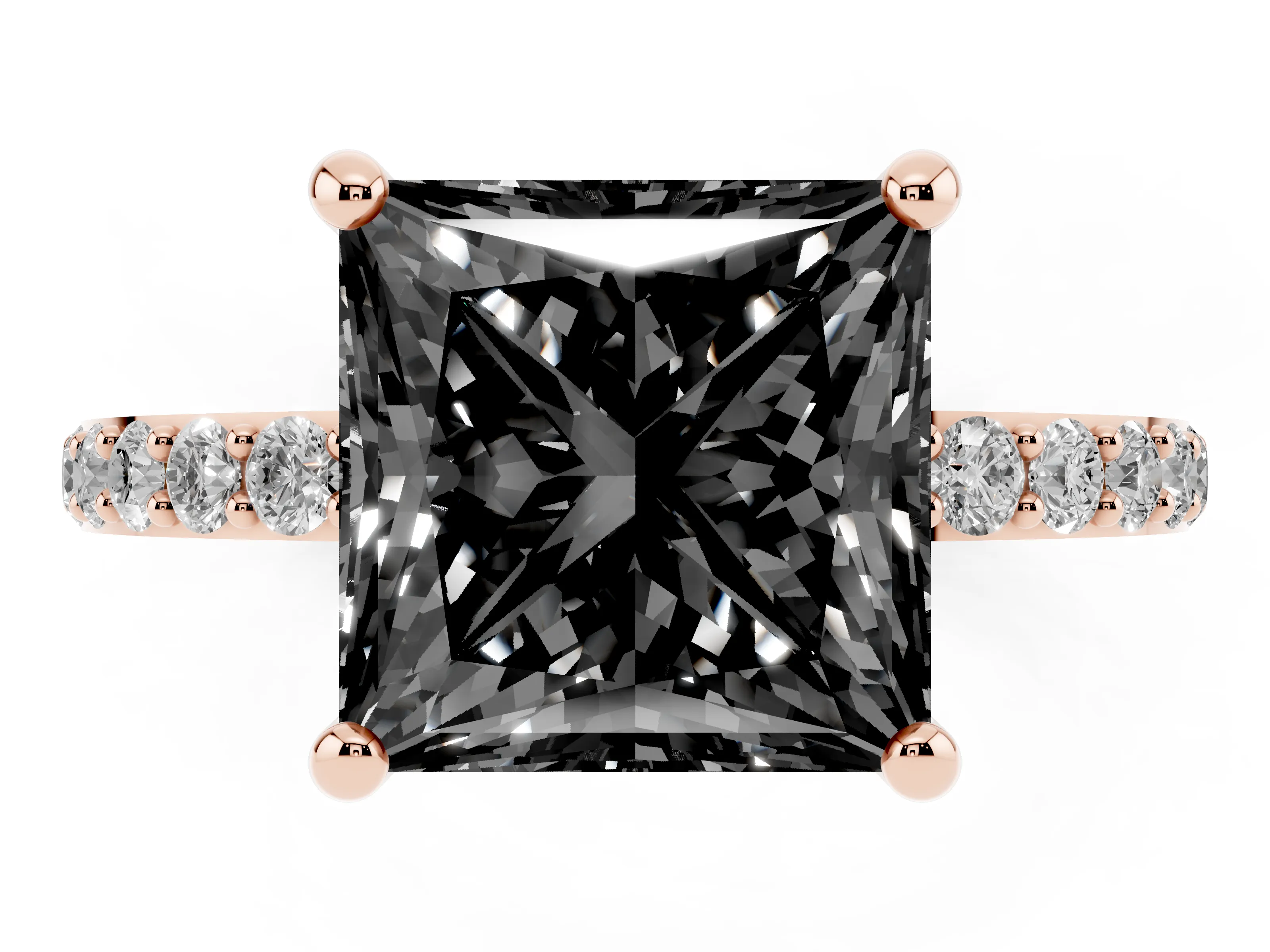 Fancy Black Princess Cut Diamond Solitaire Ring Set in Rose gold with Round Pavé Band and Prong Setting