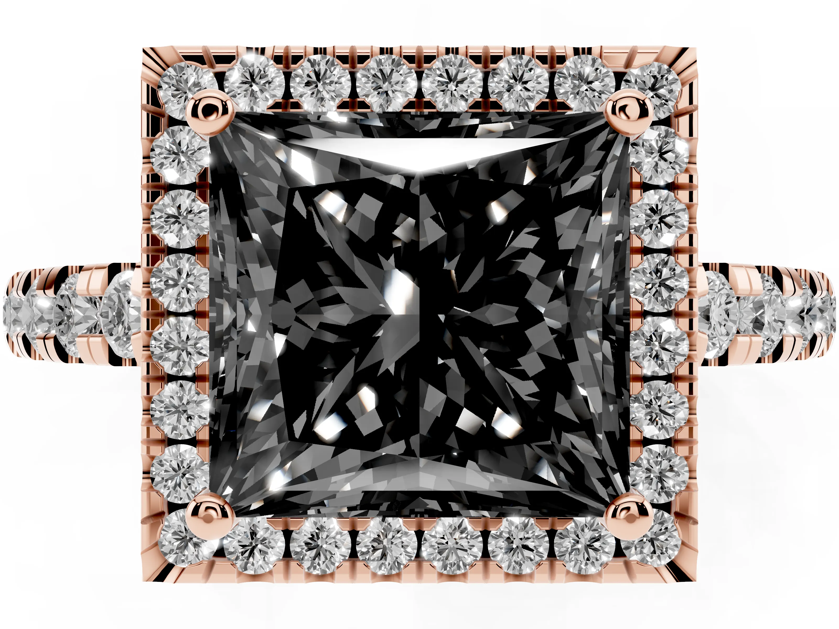 Fancy Black Princess Cut Diamond Halo Ring Set in Rose gold with Delicate Pavé Band and Prong Setting