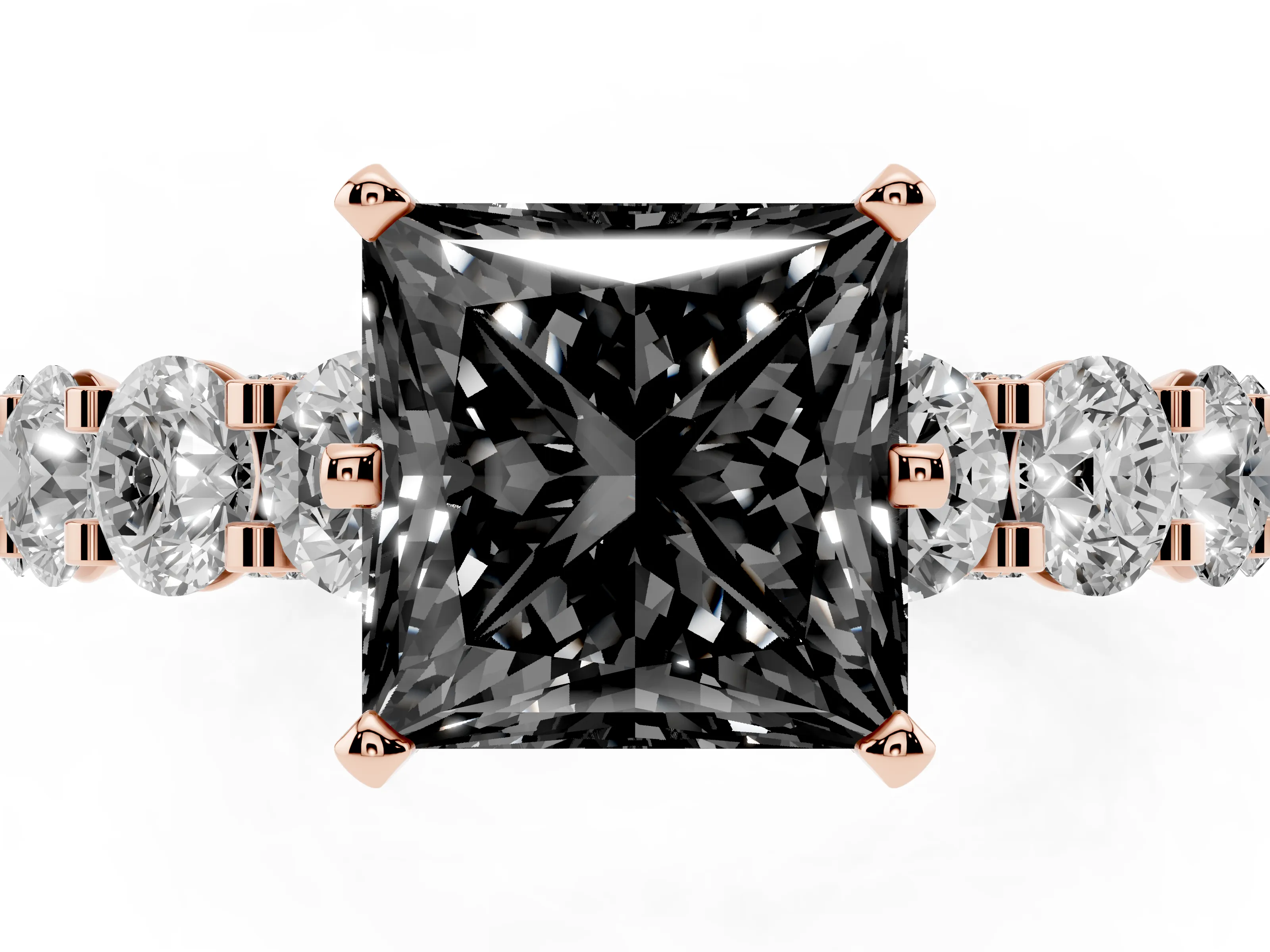 Fancy Black Princess Cut Diamond Side Stone Ring Set in Rose gold with Alternating Round and Oval Side Stones