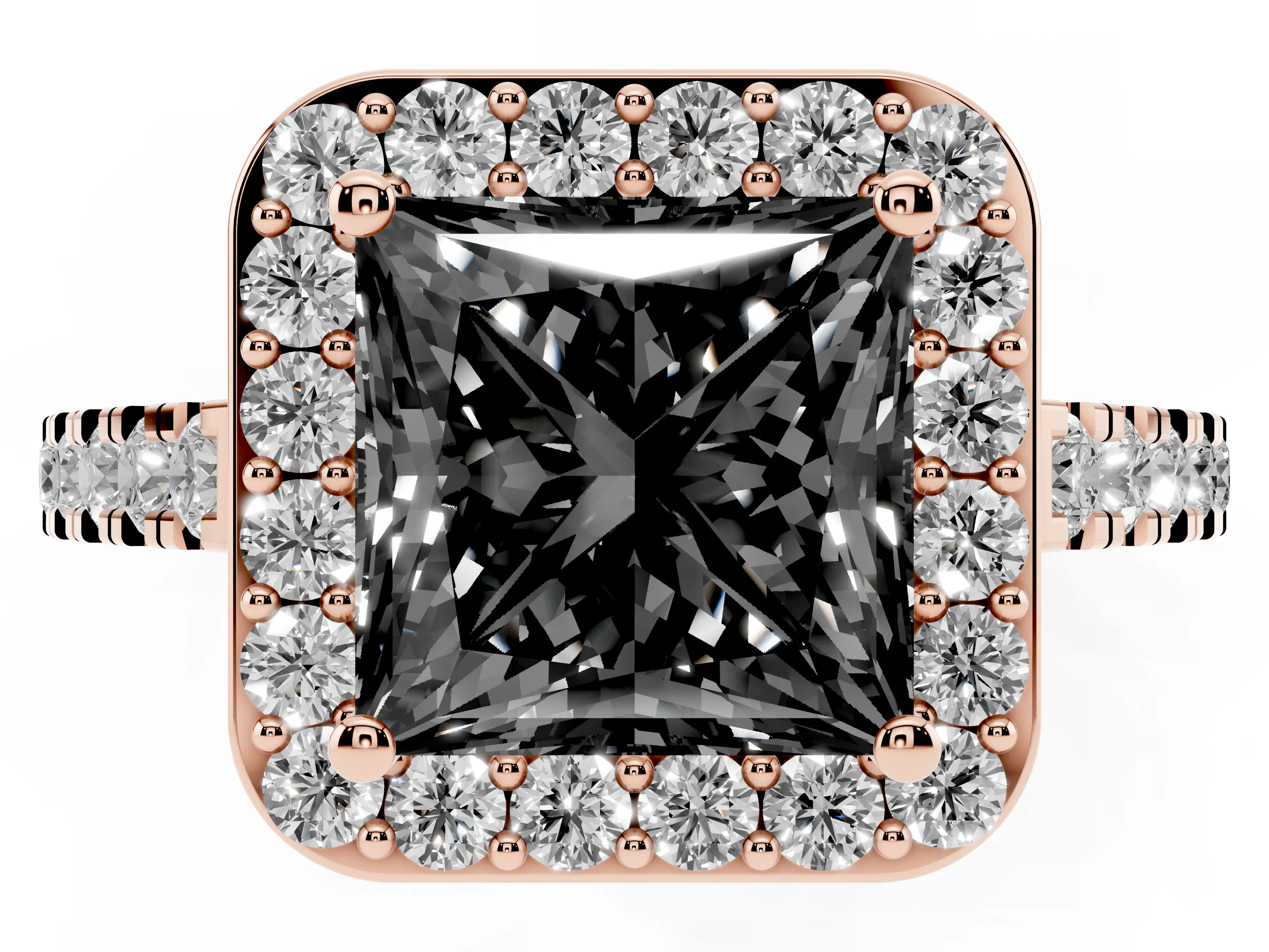 Fancy Black Princess Cut Diamond Halo Ring Set in Rose gold with Round Pavé Split Shank and Prong Setting