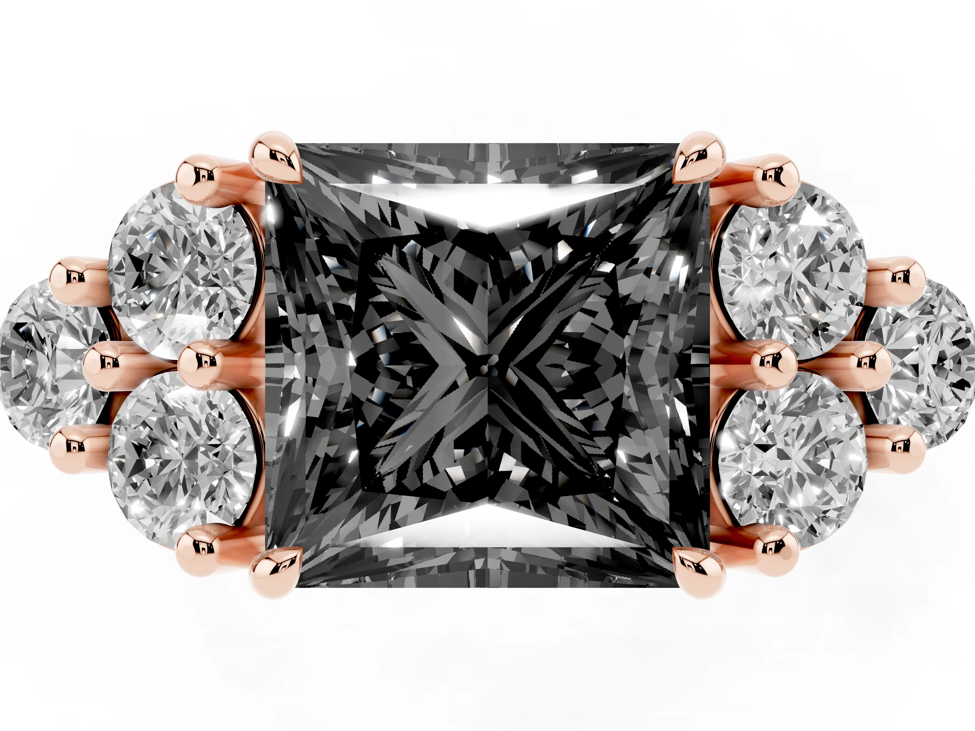 Fancy Black Princess Cut Diamond Solitaire Ring Set in Rose gold with Cluster Accents on Each Side