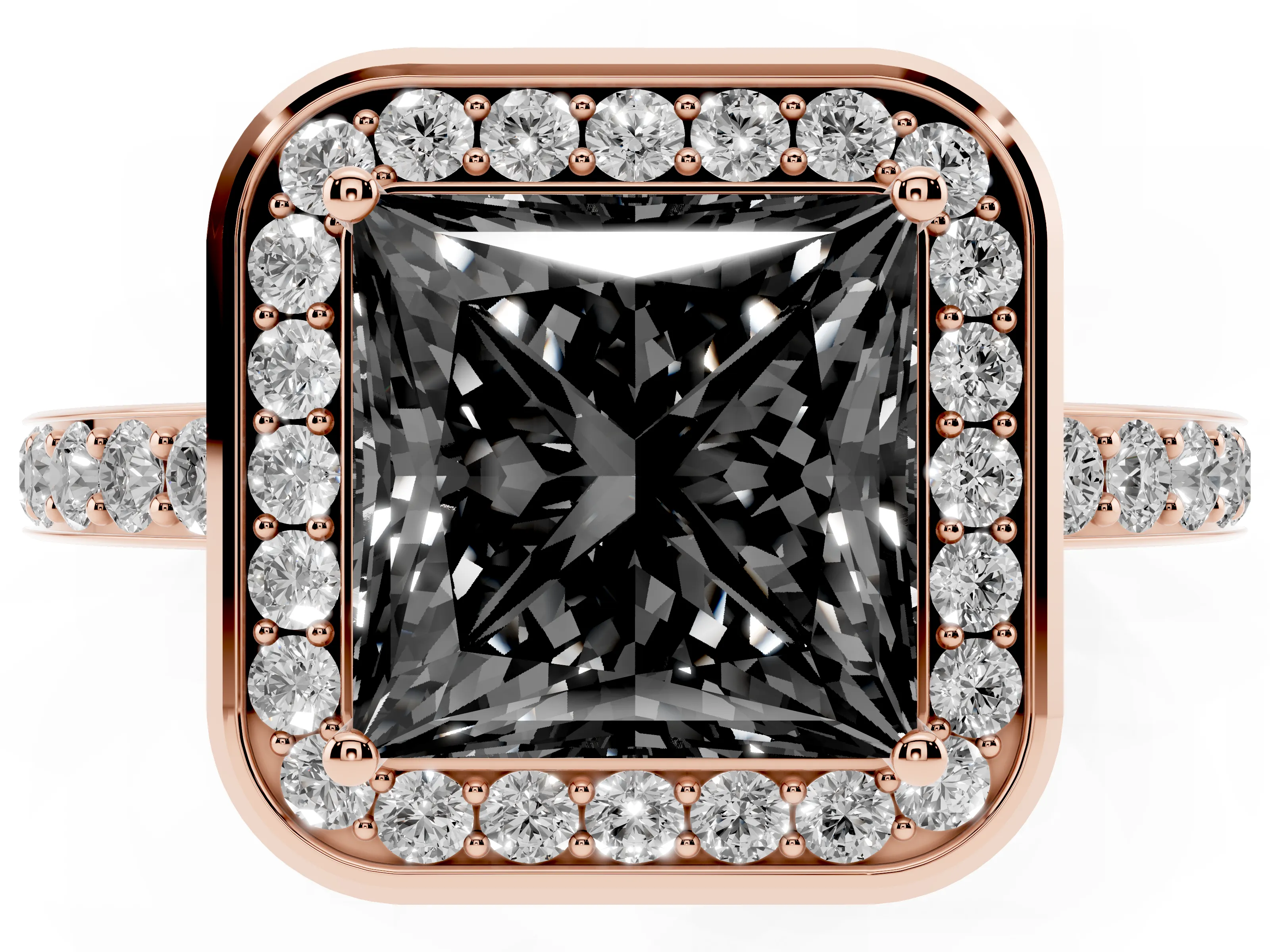 Fancy Black Princess Cut Diamond Halo Ring Set in Rose gold with Bezel Frame and Pavé Band