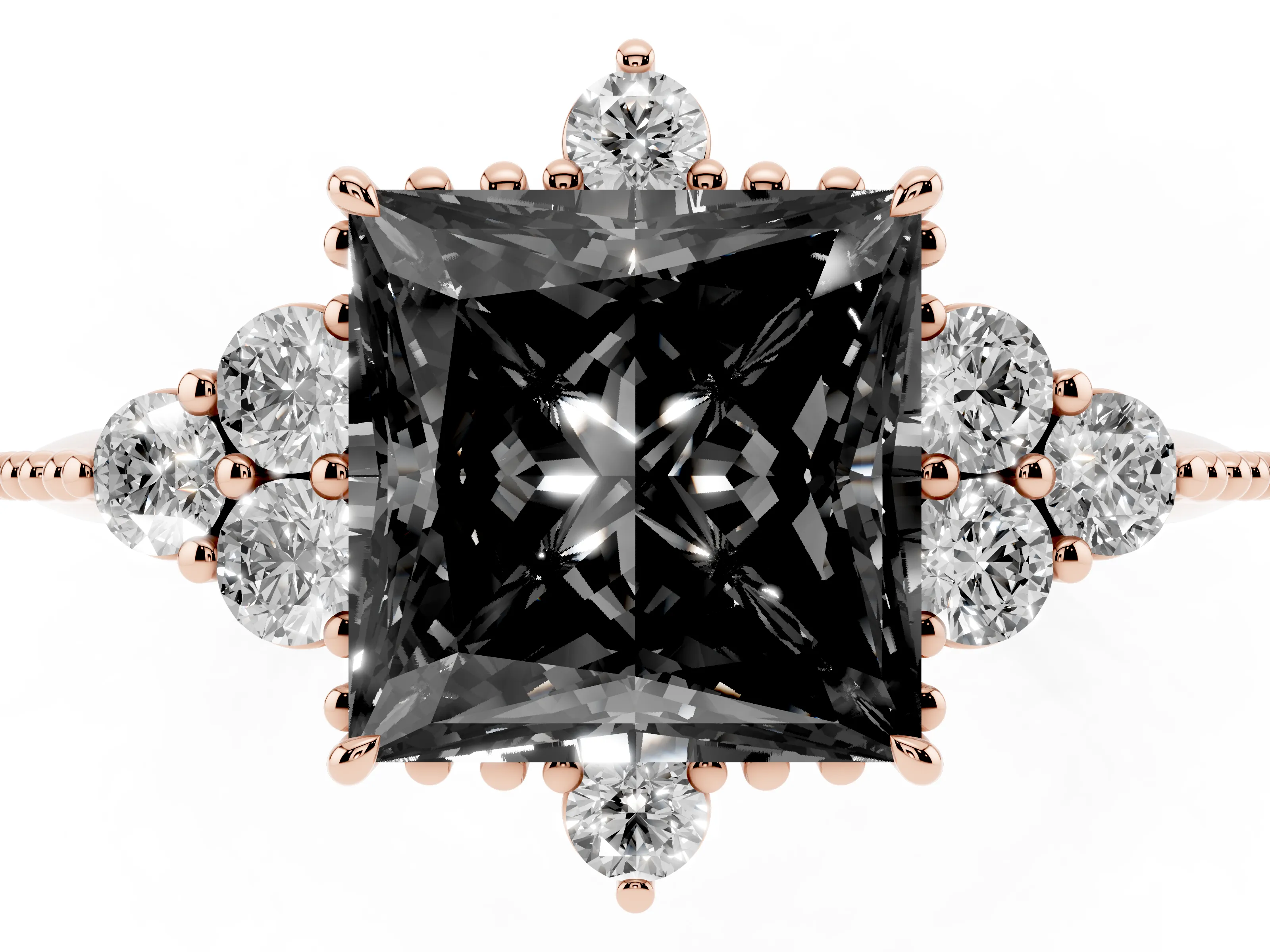 Fancy Black Princess Cut Diamond Cluster Ring Set in Rose gold with Beaded Band